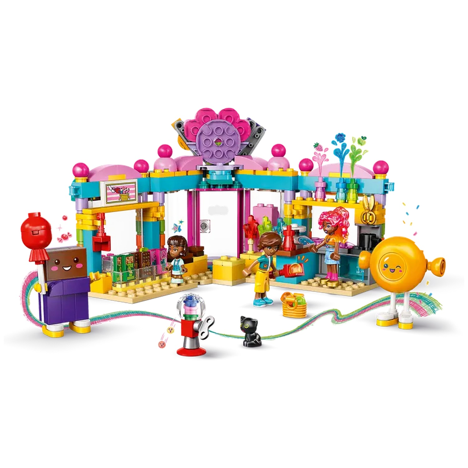 A colorful Lego scene with figures and structures. Includes a food stall, characters, and decorative elements like balloons and a gumball machine.