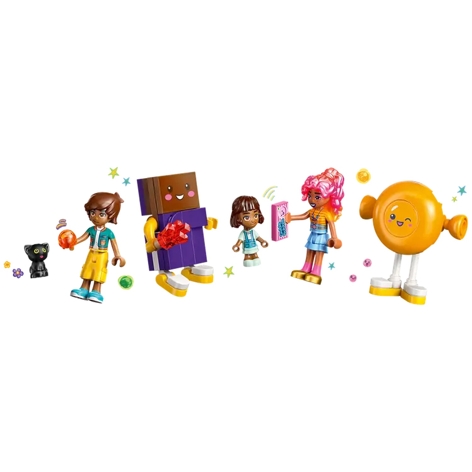 Lego figures: boy with ball, block-head with gift, girl with phone, pink-haired girl, and round yellow figure with a cat.