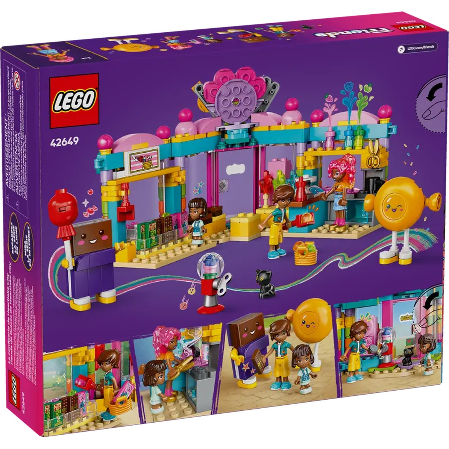 The LEGO Friends set box shows a colorful amusement park scene with mini-figures. It features a Ferris wheel and various stalls.