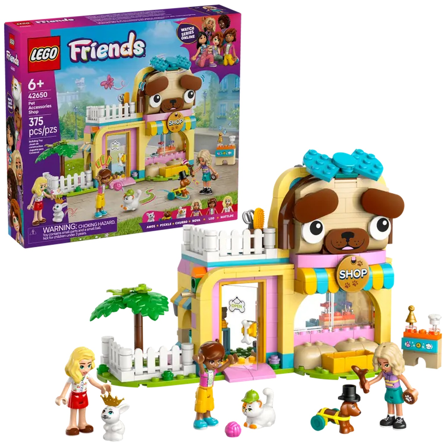 Lego Friends set with a dog-shaped shop, figures, and accessories. Includes a box and several mini-figures with pets and shop elements.