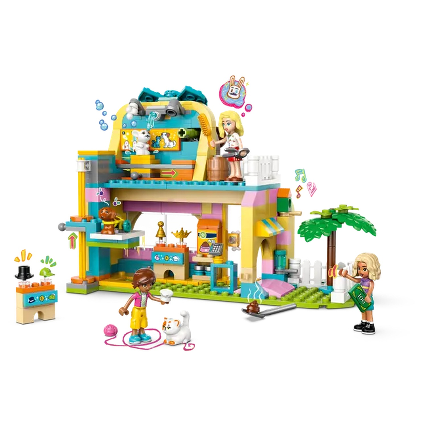 A Lego pet shop with multiple figures. A girl plays with a cat, and another holds money. Buildings are colorful.