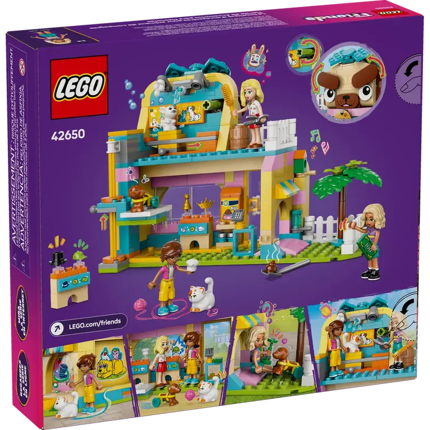 Lego Friends set box. Shows a multi-level building with figures, animals, and accessories. Includes building instructions and logo.