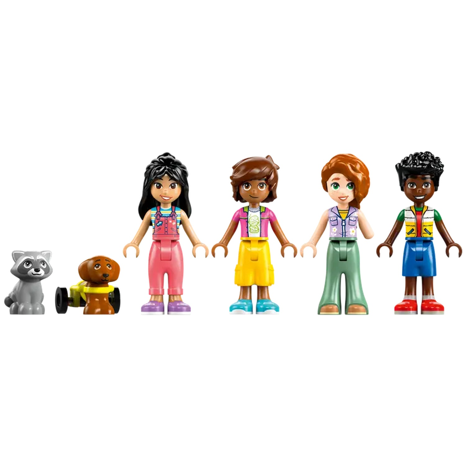 Un ensemble Lego avec cinq figurines et deux animaux. Les figurines ont différents tons de peau et tenues. Les animaux sont un raton laveur et un chien.