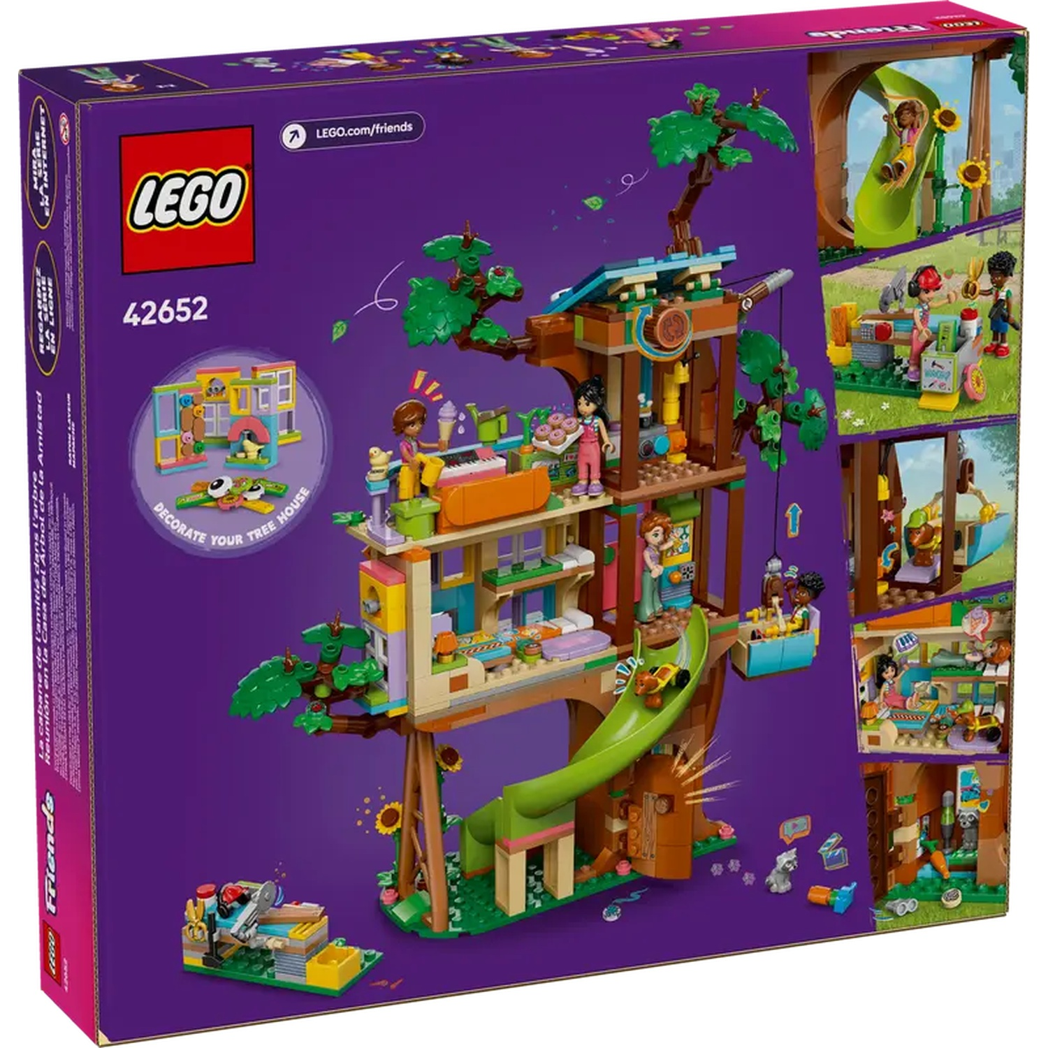 Boîte du set LEGO Friends. Elle montre un modèle de cabane dans les arbres avec des figurines, un toboggan et diverses sections détaillées, sur fond violet.