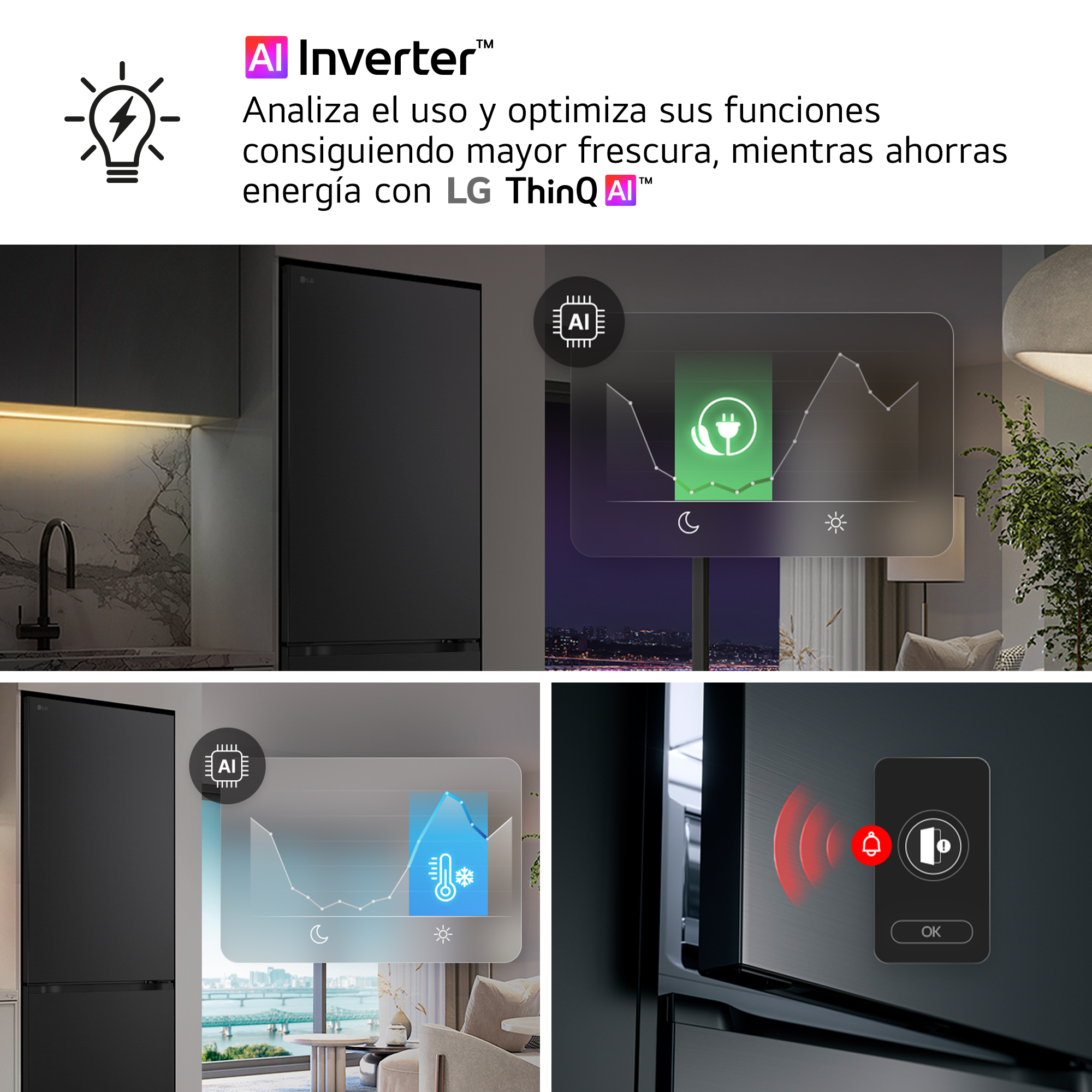 AI Inverter™ Analiza el uso y optimiza sus funciones consiguiendo mayor frescura, mientras ahorras energía con LG ThinQ AI™