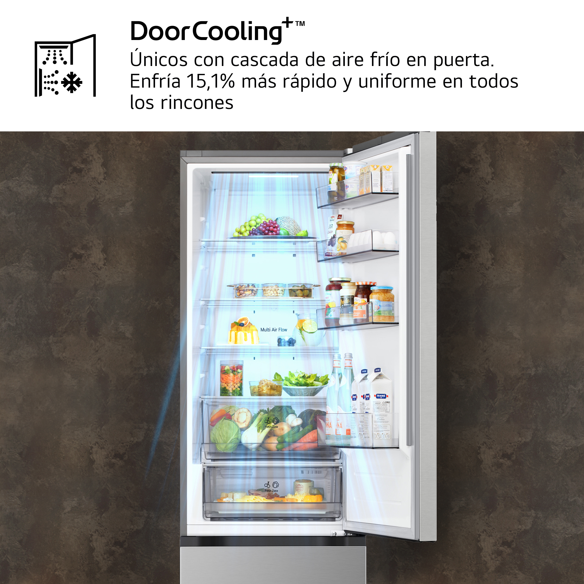 DoorCooling+™ Únicos con cascada de aire frío en puerta. Enfría 15,1% más rápido y uniforme en todos los rincones
