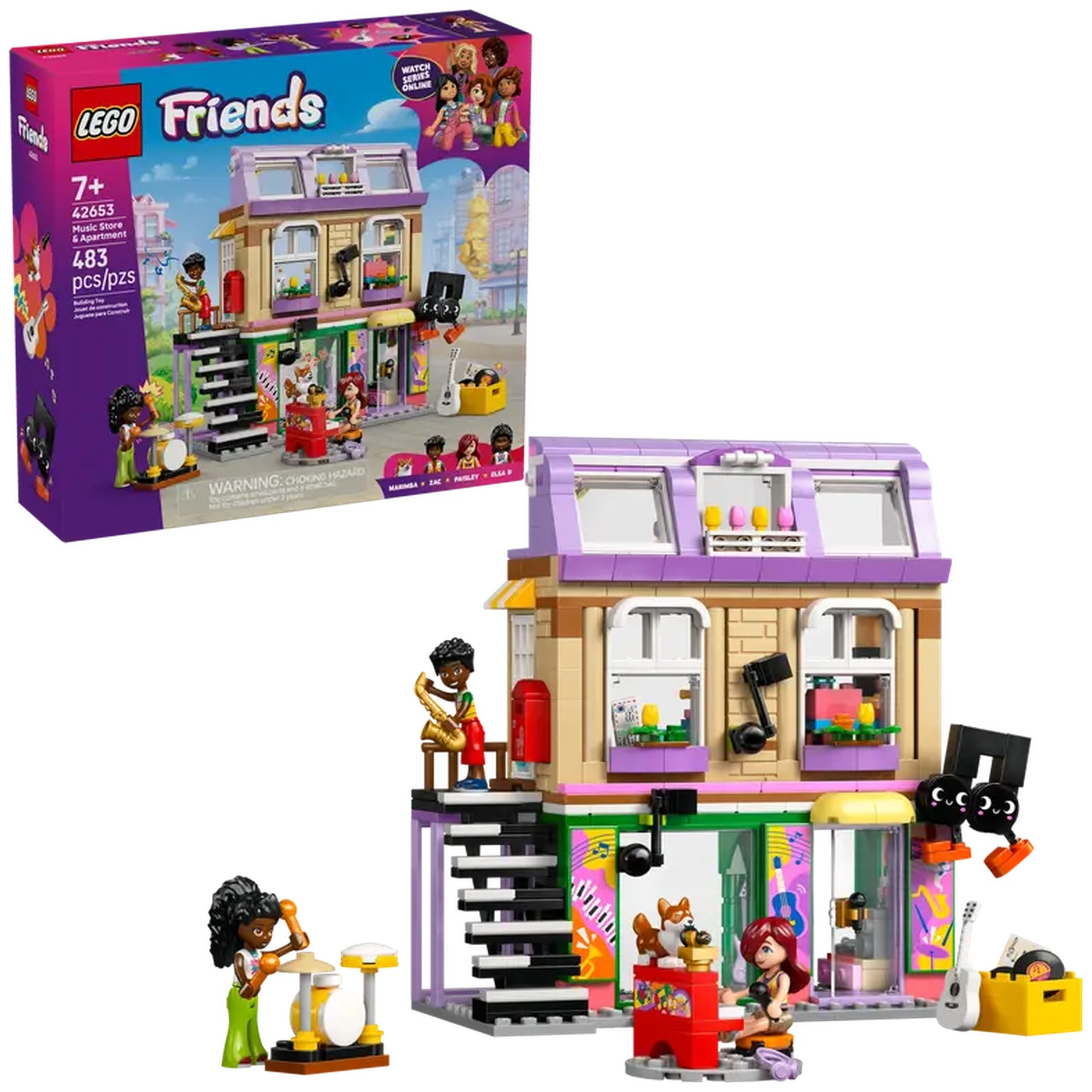 LEGO Friends set: Muziekzaak & Appartement. Bevat gebouw, minifiguren en muziekinstrumenten. Beschikt over een paarse en beige gevel.
