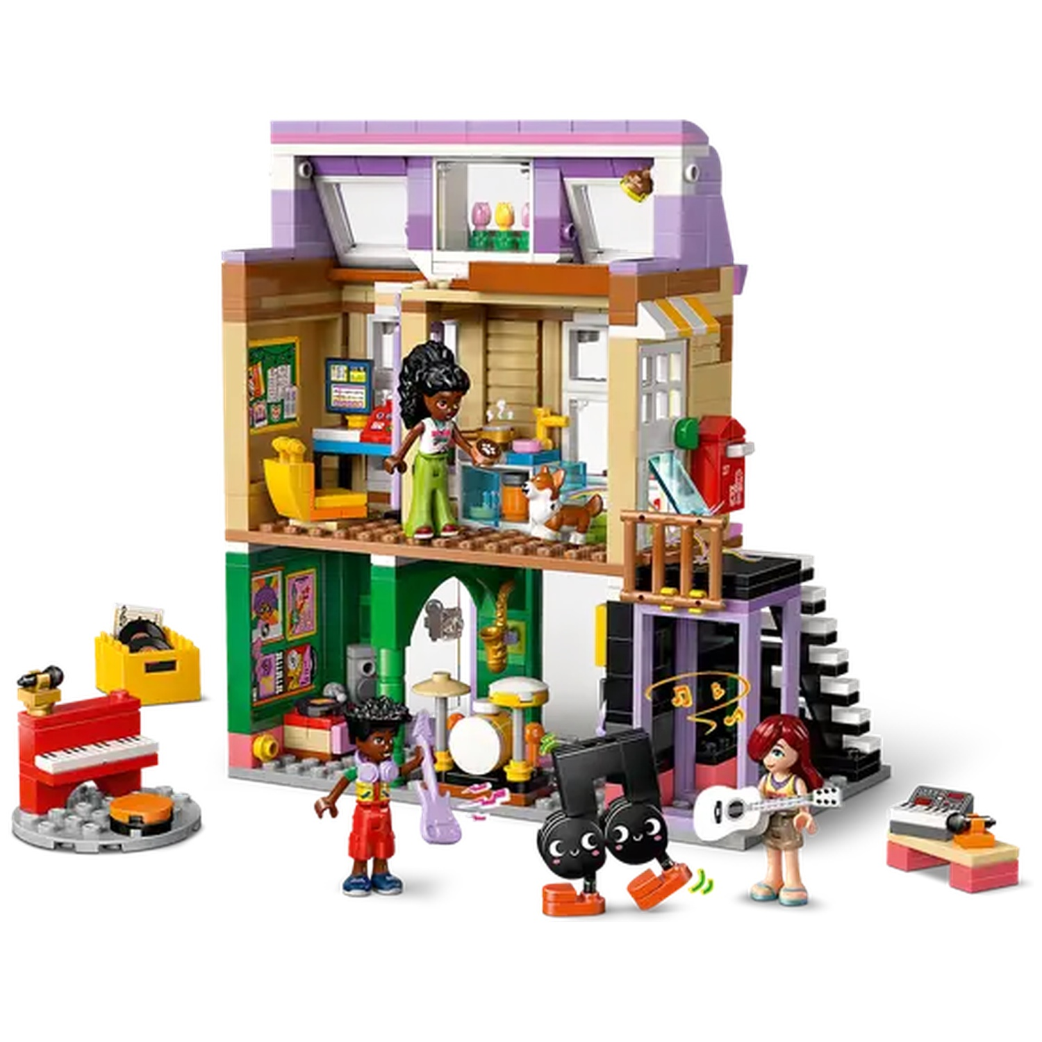 Lego-set met een gebouw van twee verdiepingen met muzikanten en instrumenten. Figuren die gitaar, piano en drums spelen. Kleurrijk ontwerp.