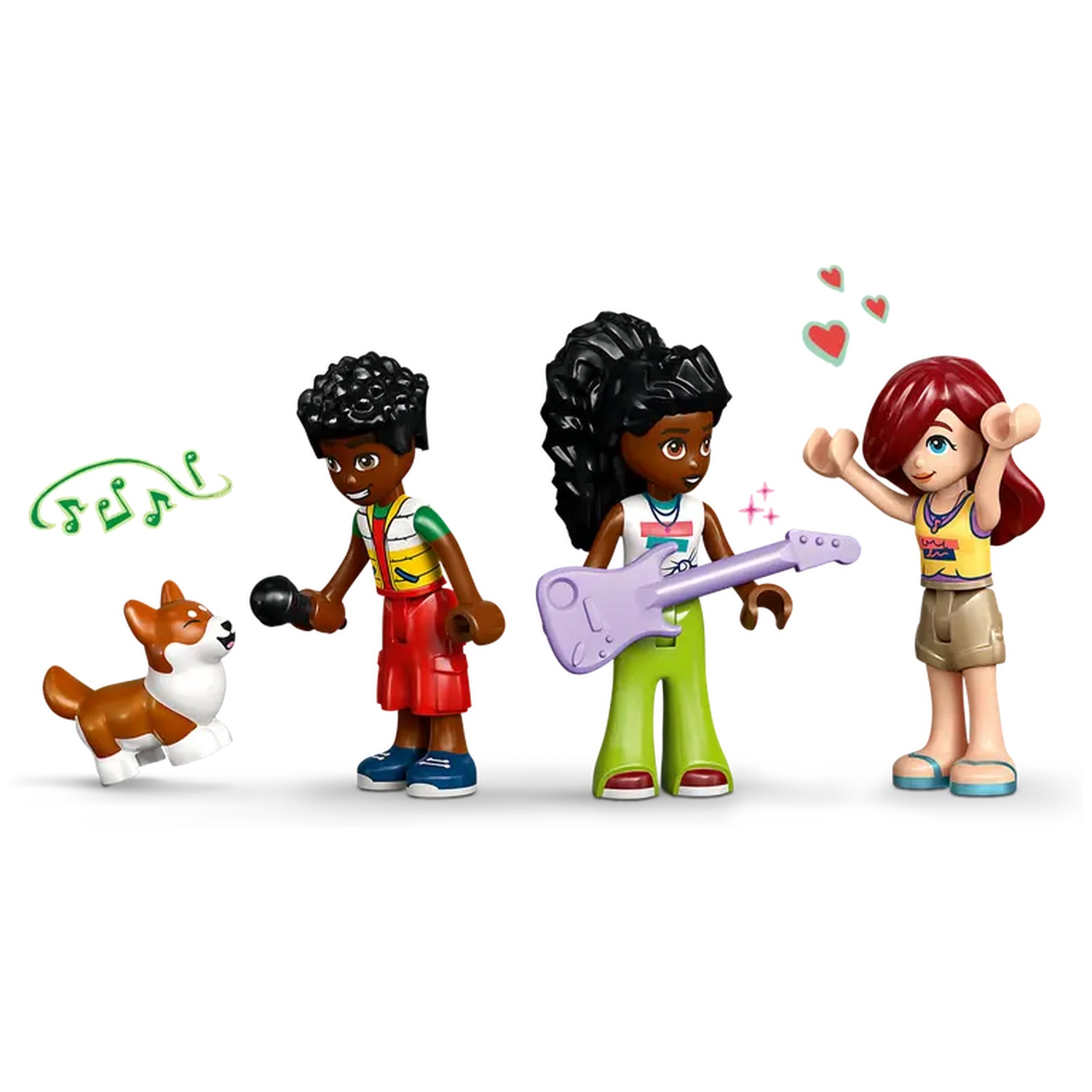 Lego Friends set. Drie figuren met gitaar, microfoon en hond. Hartjes zweven. Muzieknoten op de achtergrond.