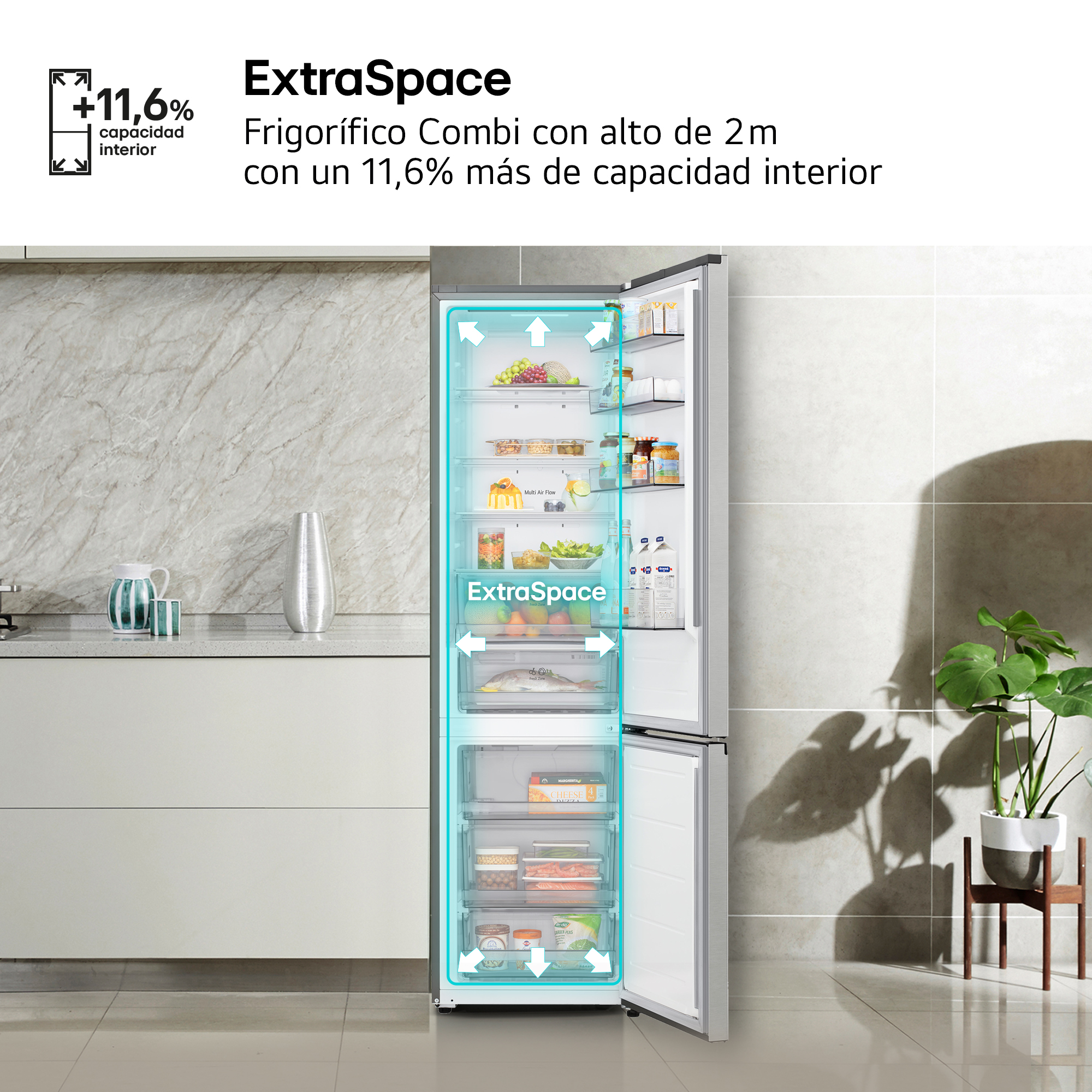 ExtraSpace Frigorífico Combi con alto de 2 m con un 11,6% más de capacidad interior