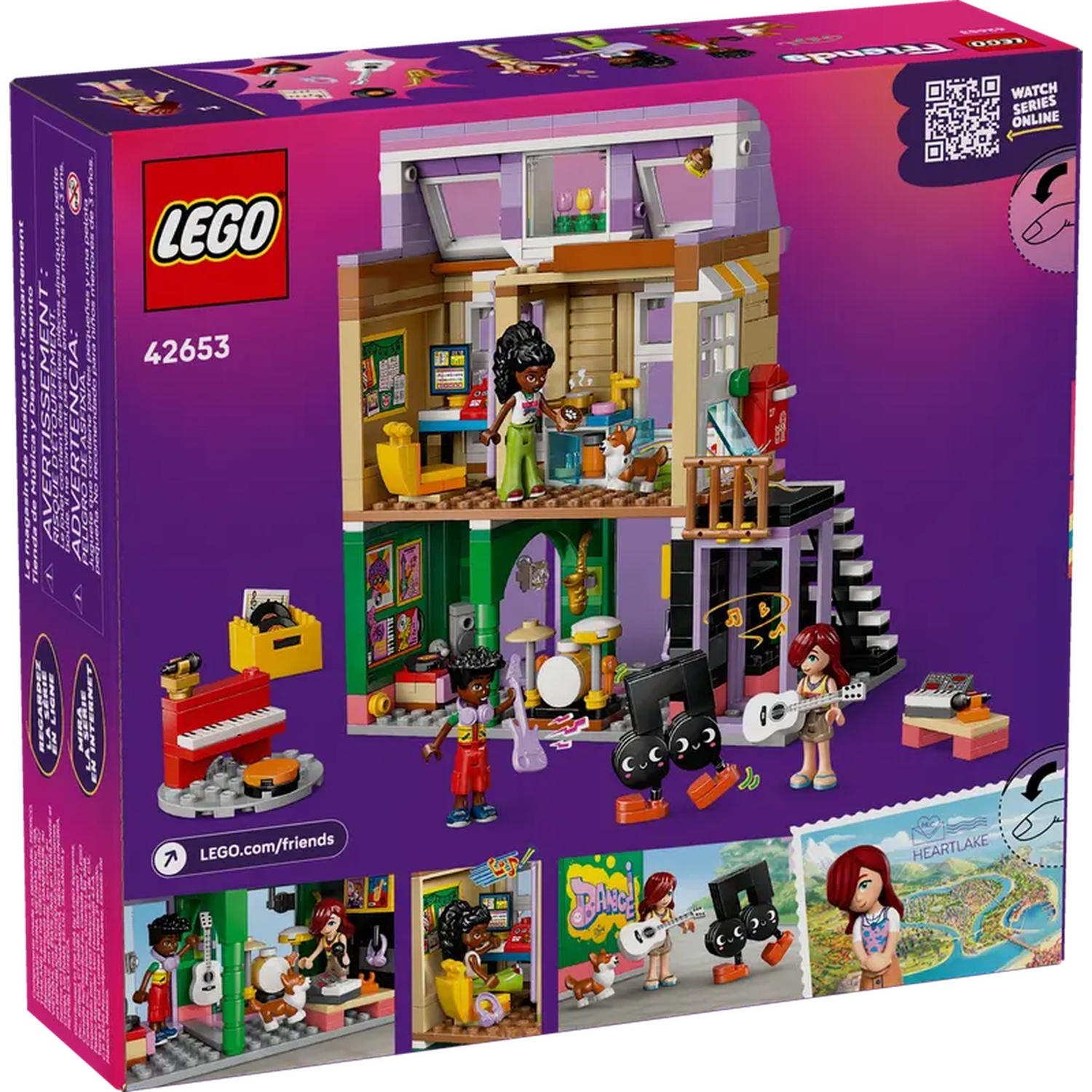 Lego-boxset met een gebouw met twee verdiepingen. Mini-figuren spelen muziekinstrumenten. Een piano, drums en gitaar zijn zichtbaar. De doos is paars.