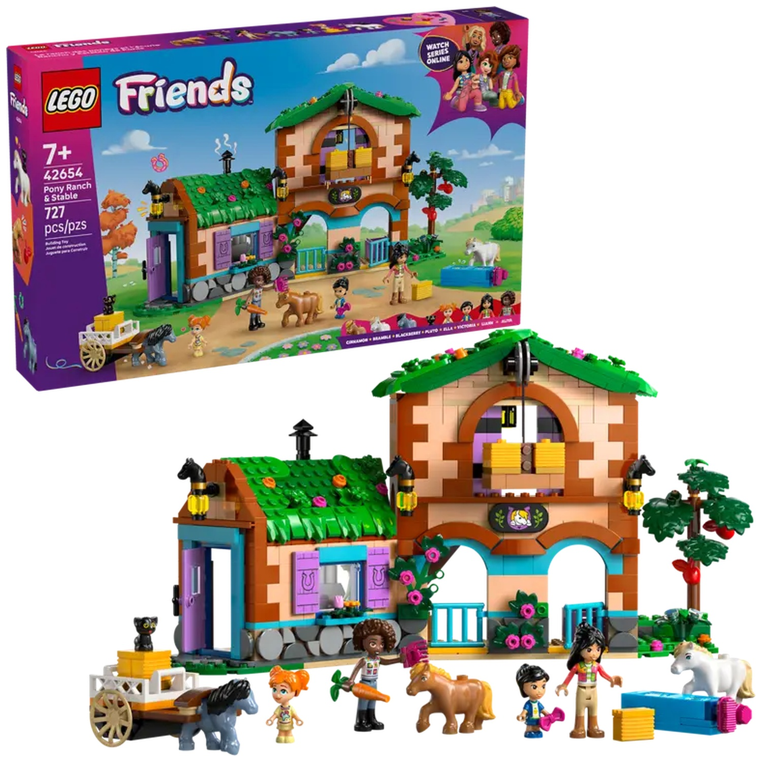 LEGO Friends Pony Ranch set. Bevat gebouw, figuren, paarden en accessoires. Doos toont de set en figuren.