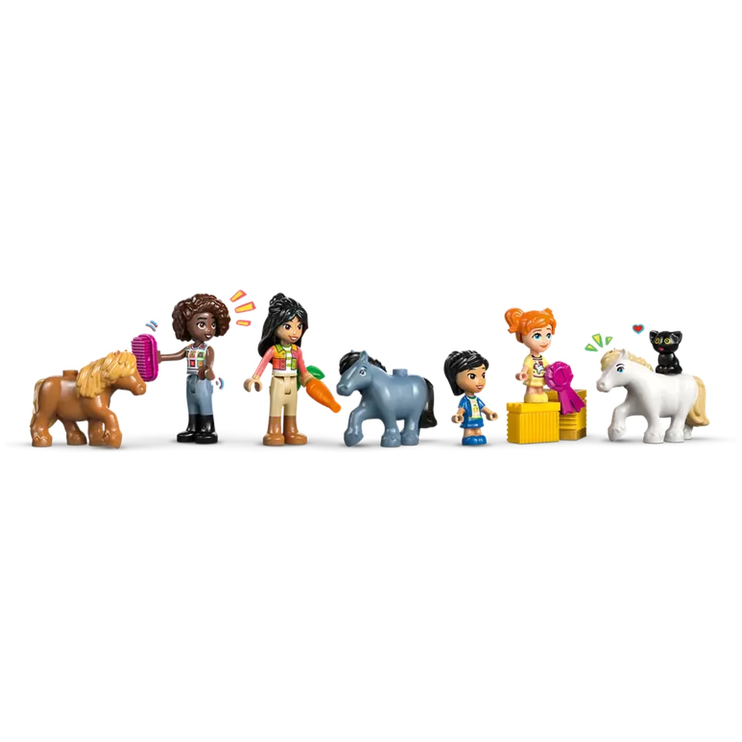 Een Lego-set met meerdere figuren van mensen, paarden en een zwarte kat. De scène omvat paarden, mensen, wortels en gele blokken.