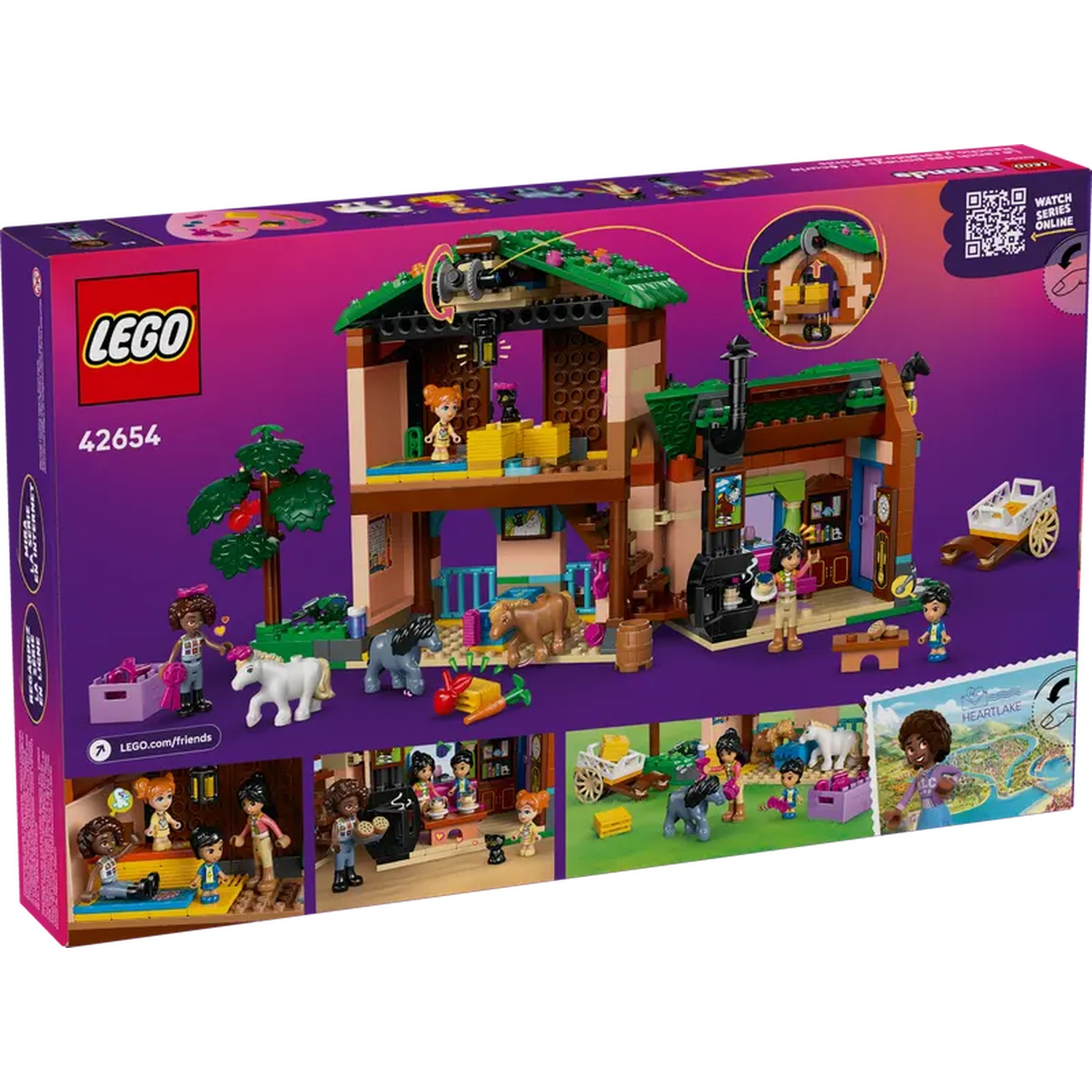 Lego Friends setdoos. Toont een huis, minifiguren, paarden en diverse accessoires, allemaal in een kleurrijke weergave.