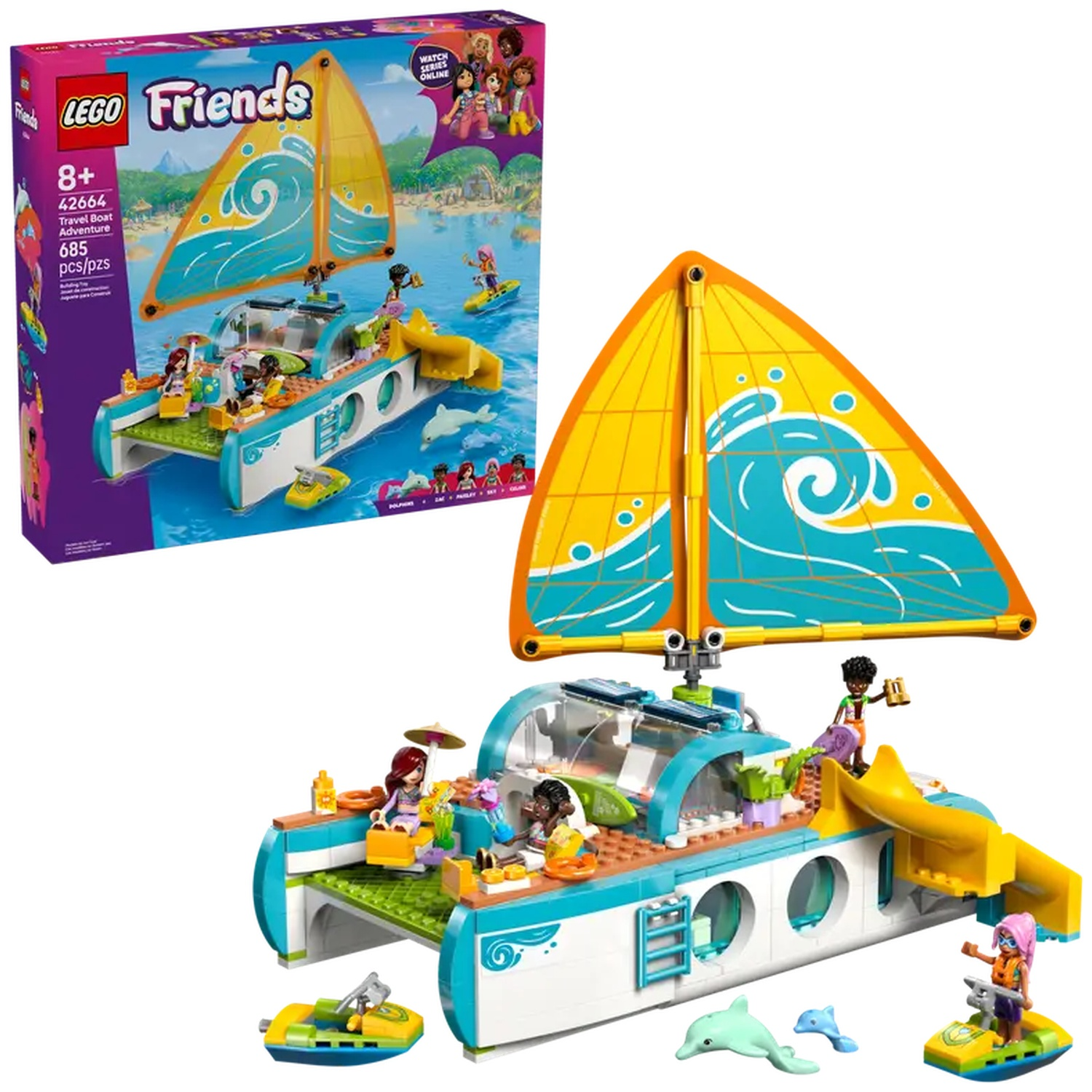 LEGO Friends Travel Boat Adventure set. Includes boat, figures, dolphins, jet skis, and a yellow sail. Box shows images of the set.