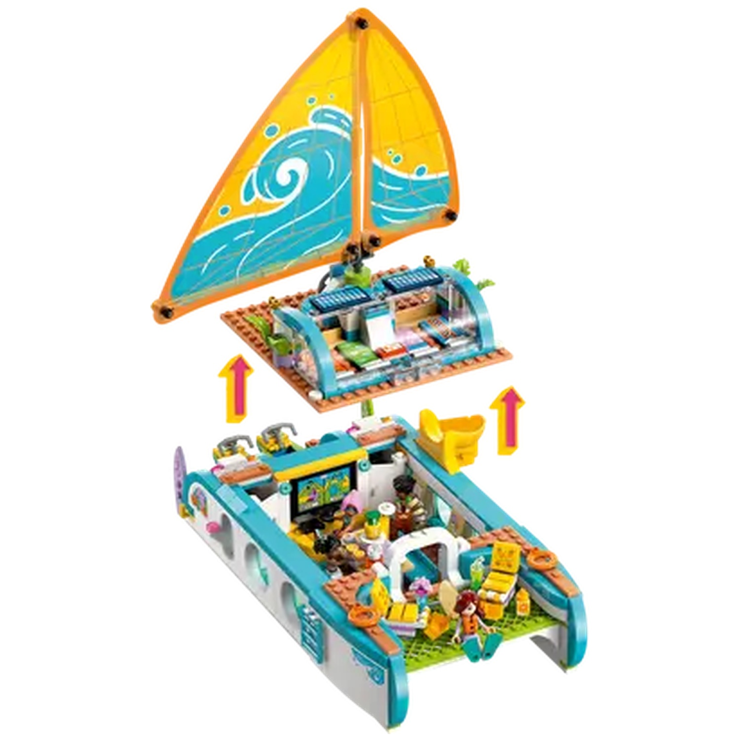 A Lego sailboat toy set. The boat is turquoise and white, with a yellow sail and several Lego figures.