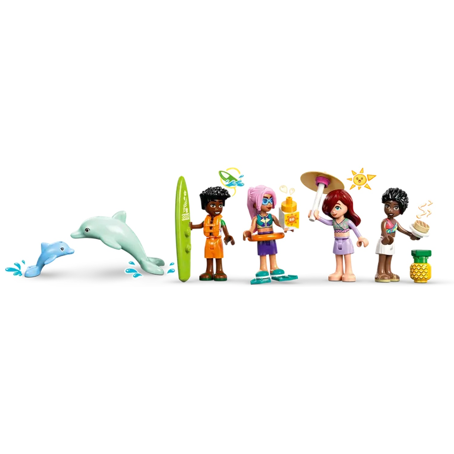 A scene with dolphin figures and Lego characters with surfboards, sunscreen, and beach accessories. A sunny day is depicted.