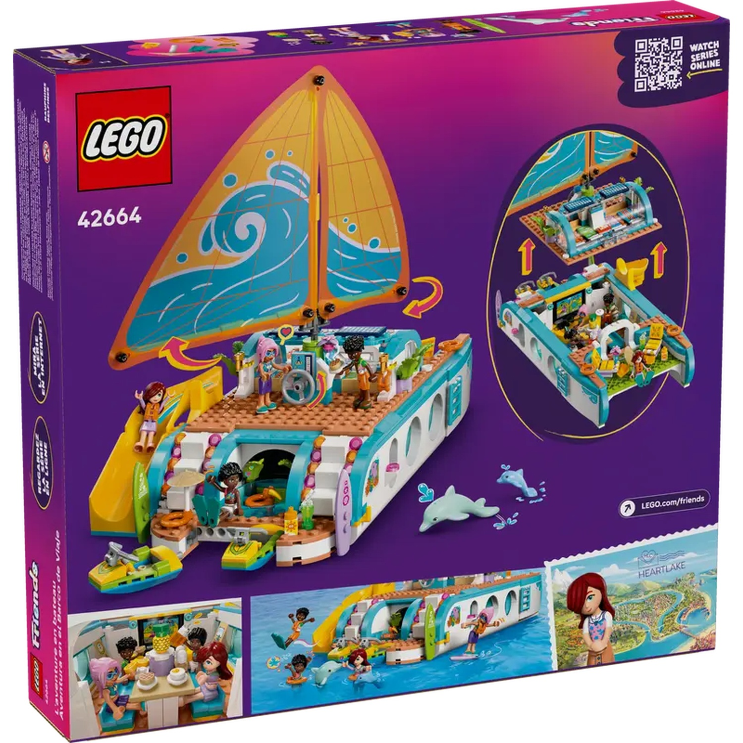 LEGO Friends set 42664 box. A cruise ship with a sail, slide, and figures. Dolphins swim nearby. Lower scenes show interior details.