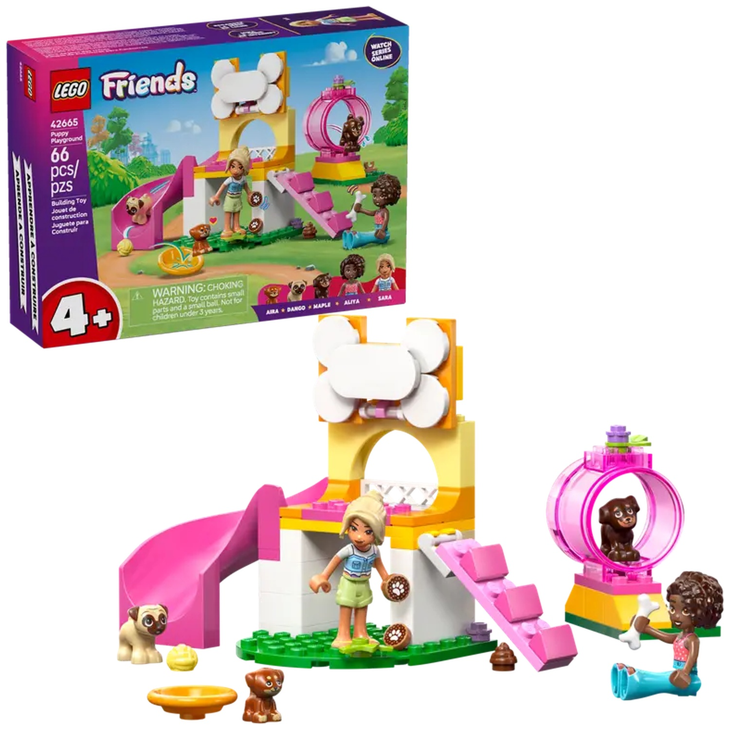Lego Friends Puppy Playground set. Includes figures, dogs, slides, and a hamster wheel-like structure. The box is visible.