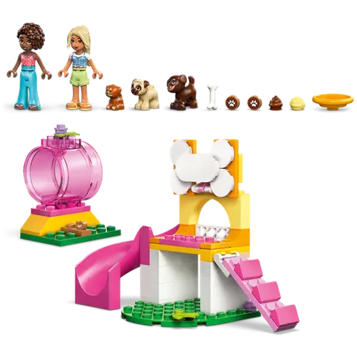 Lego set with two figures, toy dogs, and play structures. Includes hamster wheel, slide, and dog house with stairs.