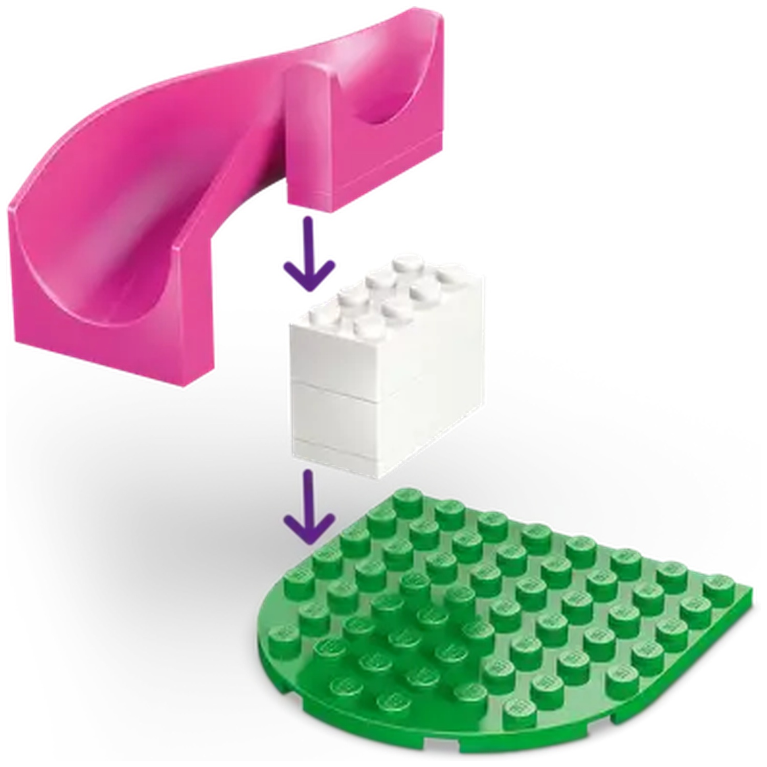 A pink slide, a white brick, and a green baseplate are shown with arrows indicating assembly. LEGO blocks.