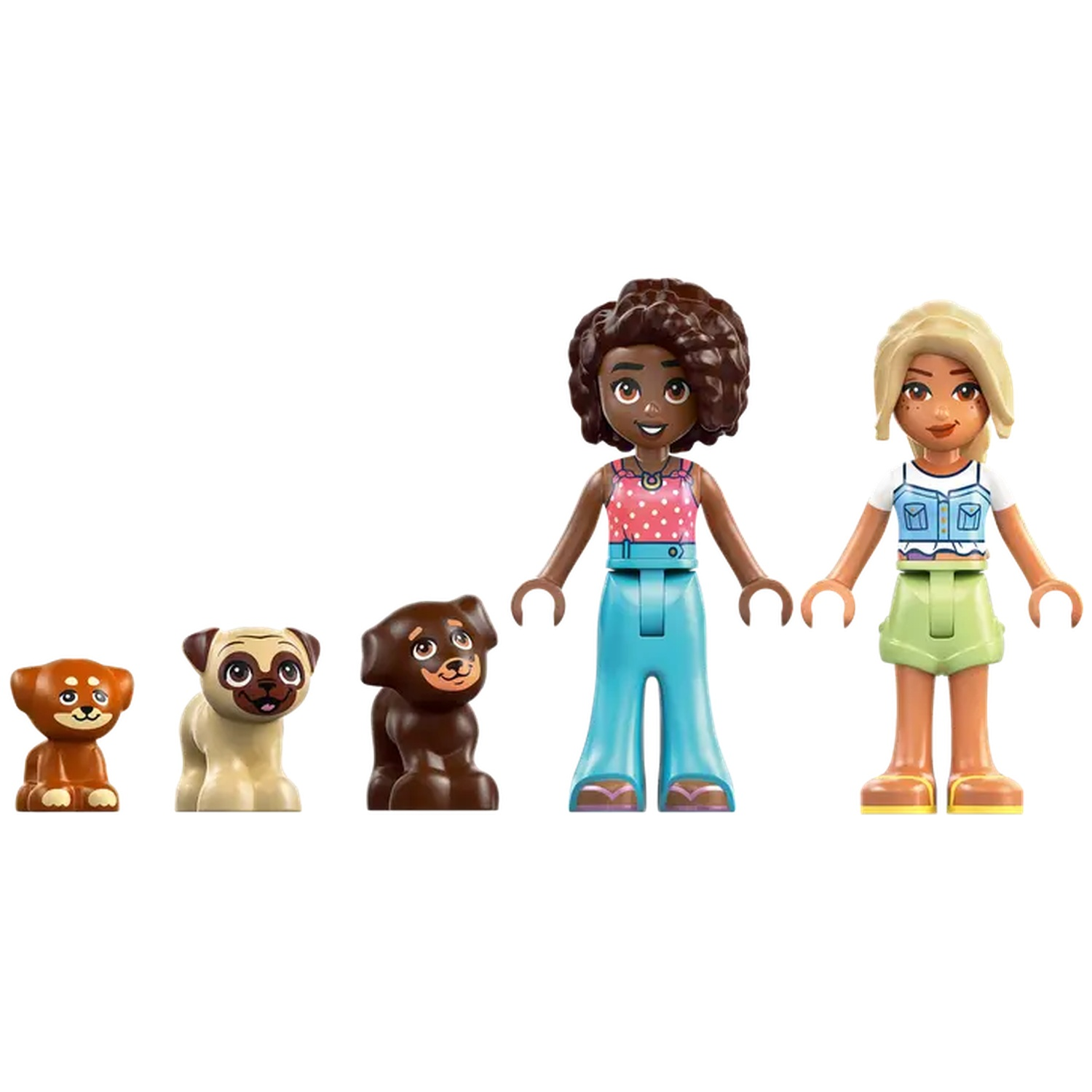 Image features two Lego figures and three dog figures. The figures are on a white background. The dogs are various colors.