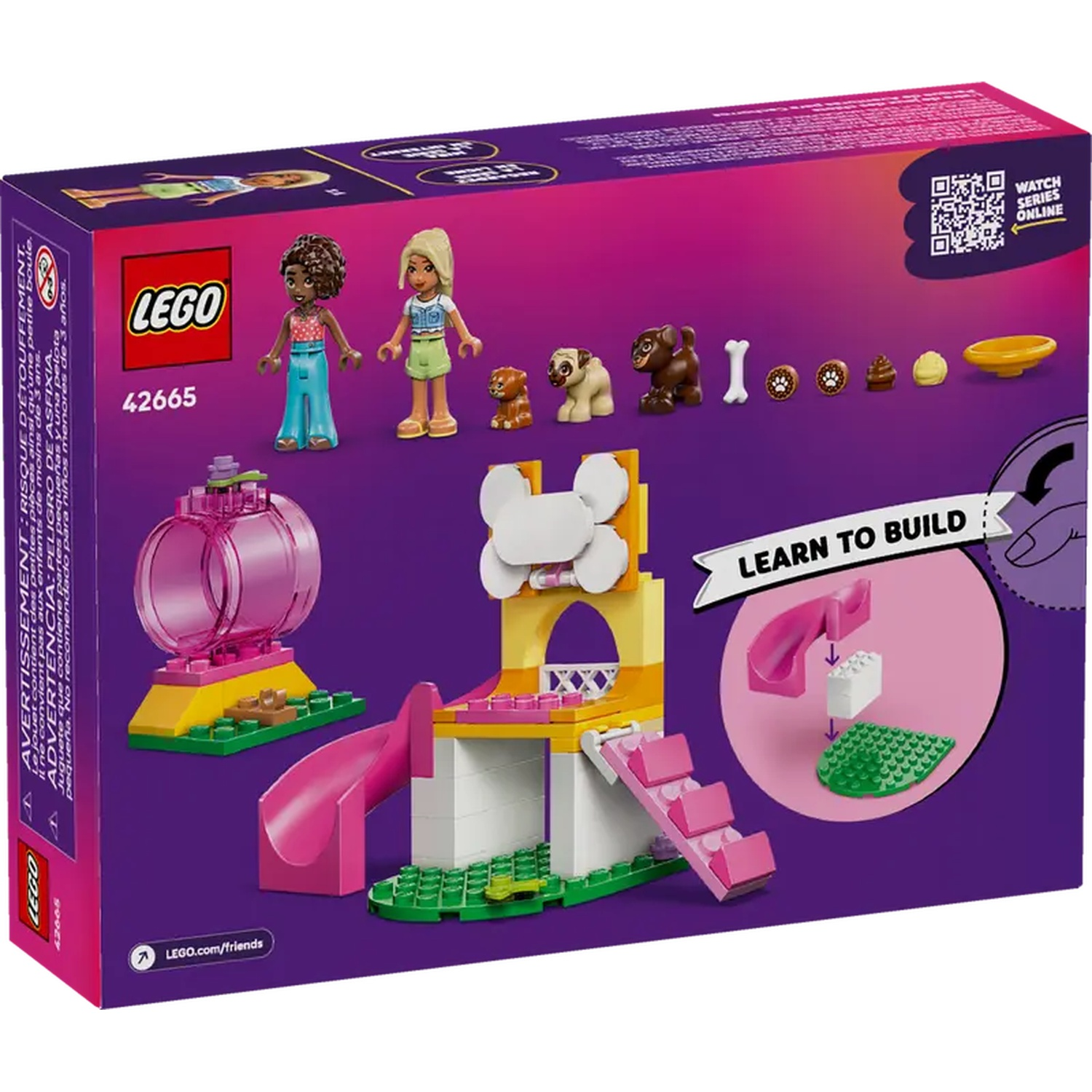 Lego box with figures and animal figures. Pink slide, yellow and white building. Learn to build. Watch series online.