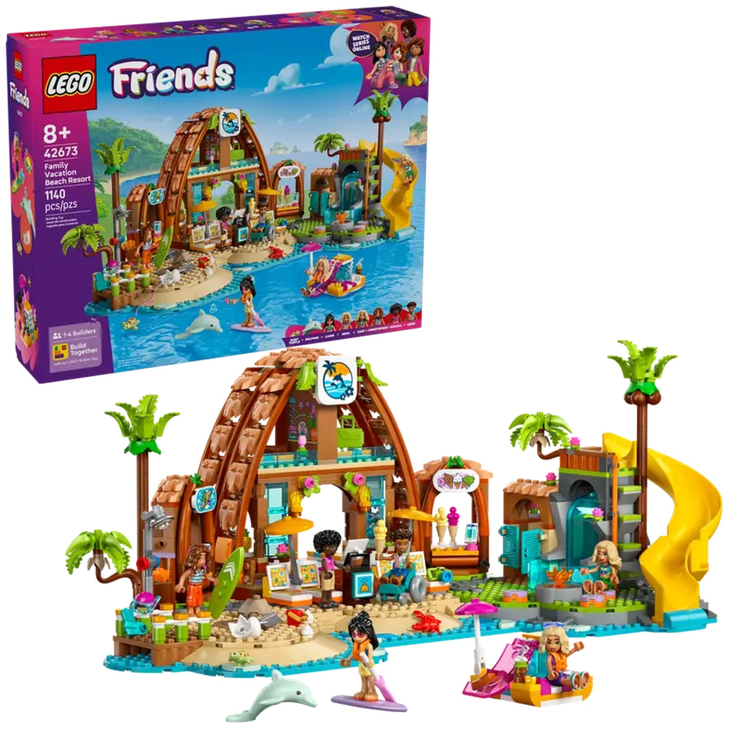 LEGO Friends beach resort set. Includes resort building, slide, figures, dolphin, and various beach accessories. Box shows set details.