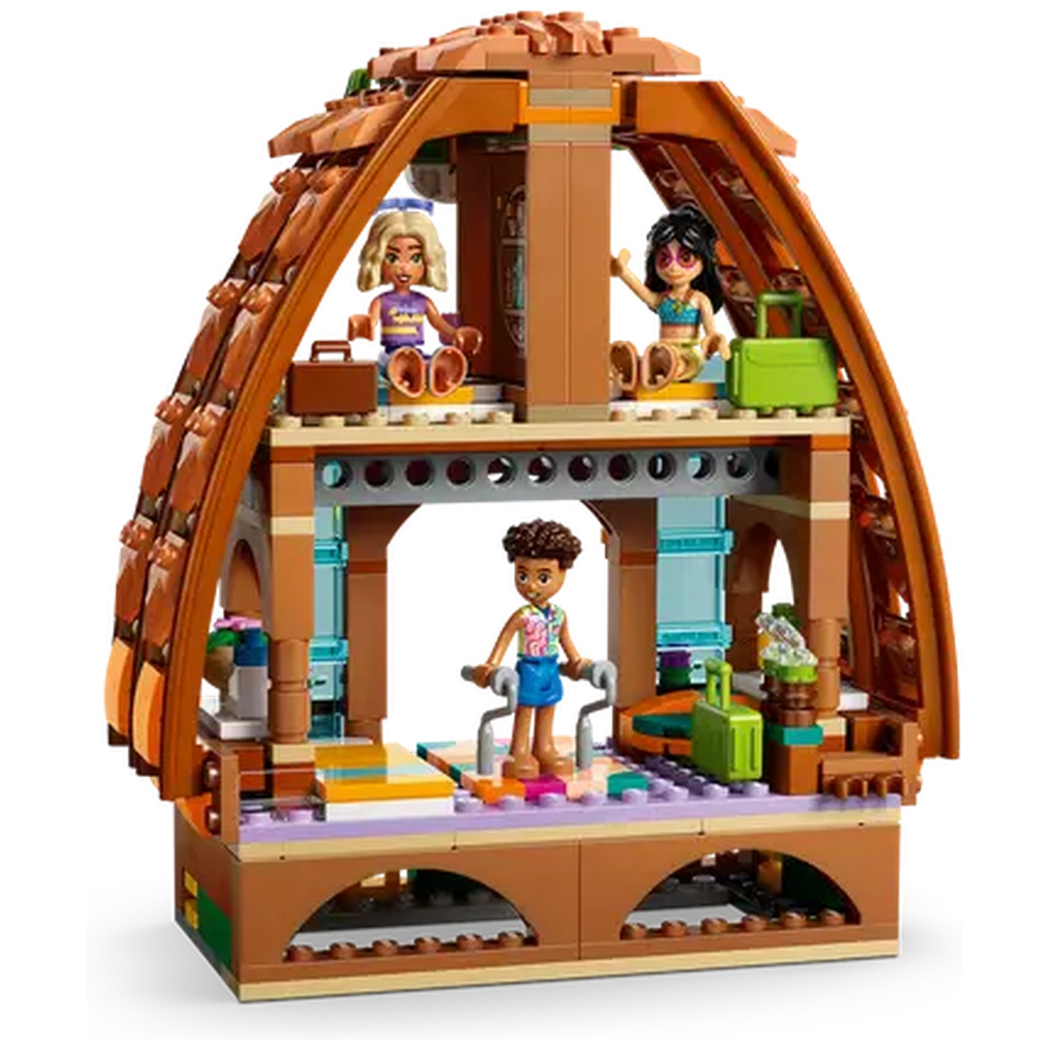 Lego beach house with three mini-figures. The house has two floors. Two figures are on the top, one is on the bottom floor.