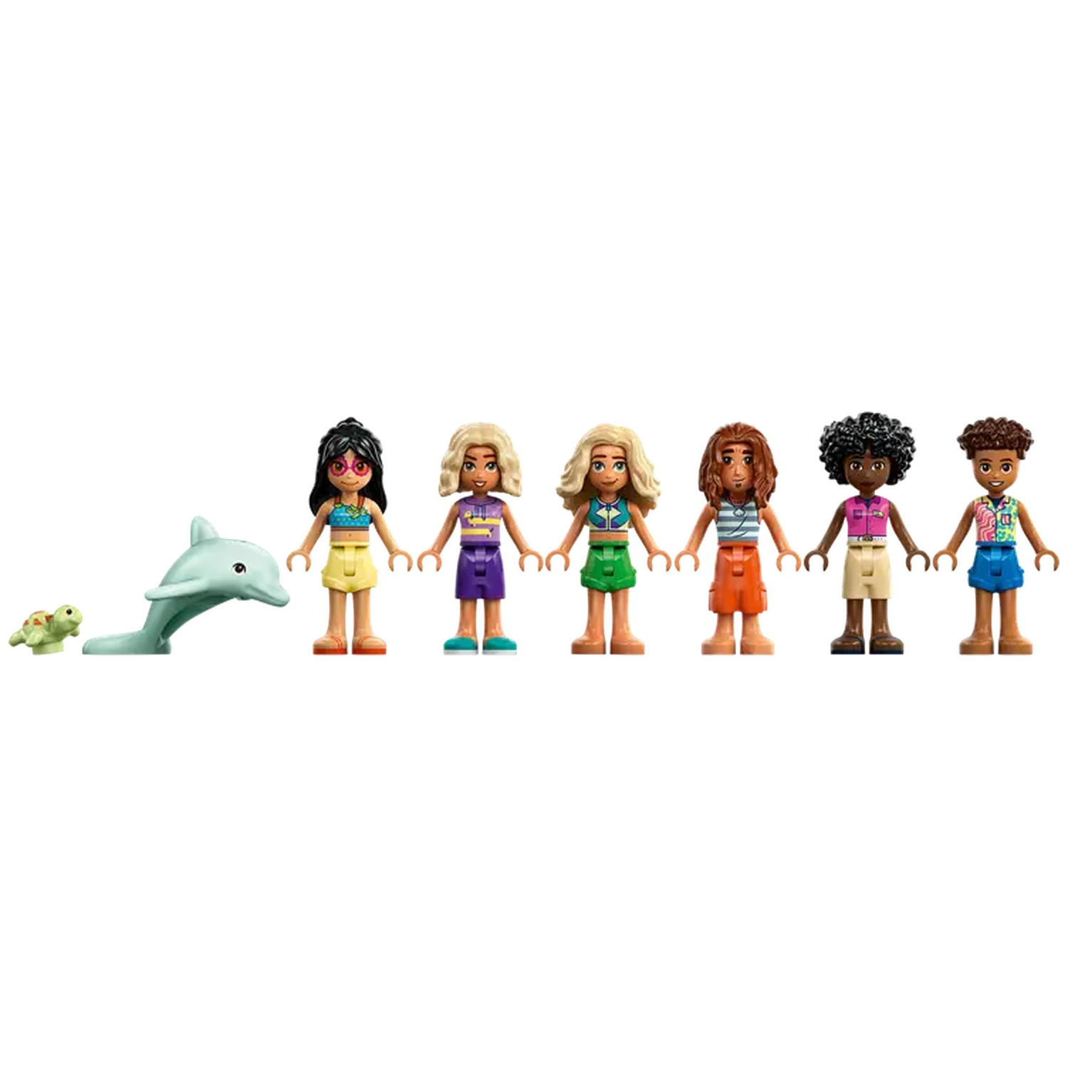 Seven Lego figures, a dolphin, and a turtle. The figures are female, with various outfits. The background is white.