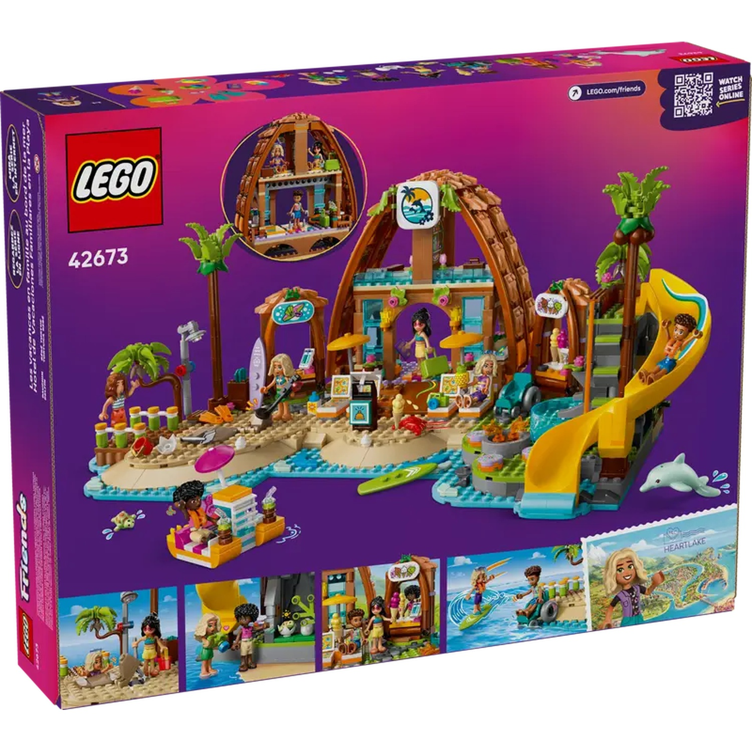 LEGO Friends set box. Beach scene with figures, slide, and a boat. Purple background with the LEGO logo and set number.