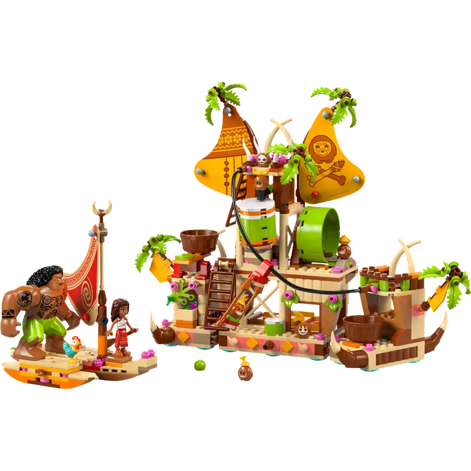 Ensemble Lego représentant Moana et Maui avec un bateau et des structures insulaires, avec des couleurs vives et des éléments tropicaux.