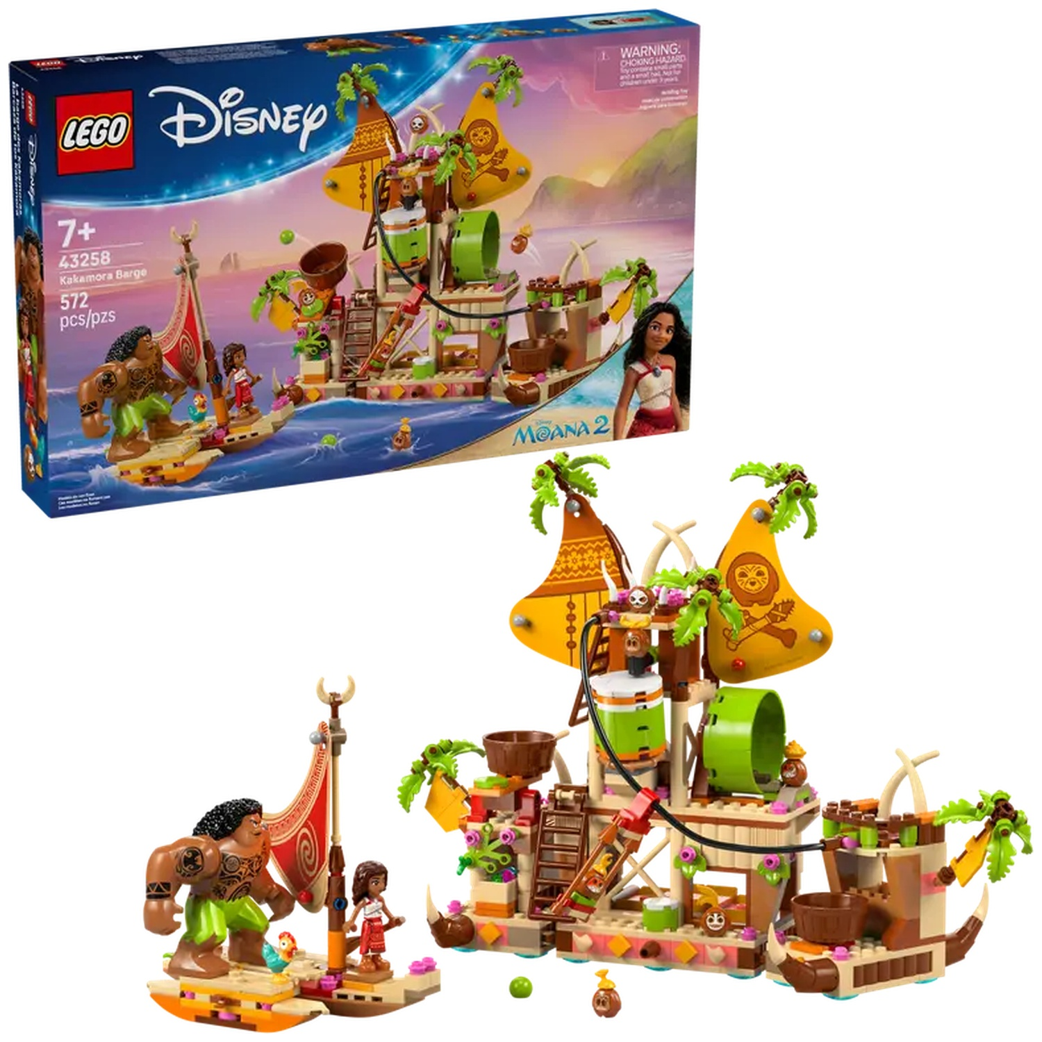 Ensemble LEGO Disney Moana 2, montrant un bateau et des personnages. Comprend Maui, Moana et Kakamora Barge. Coloré et détaillé.