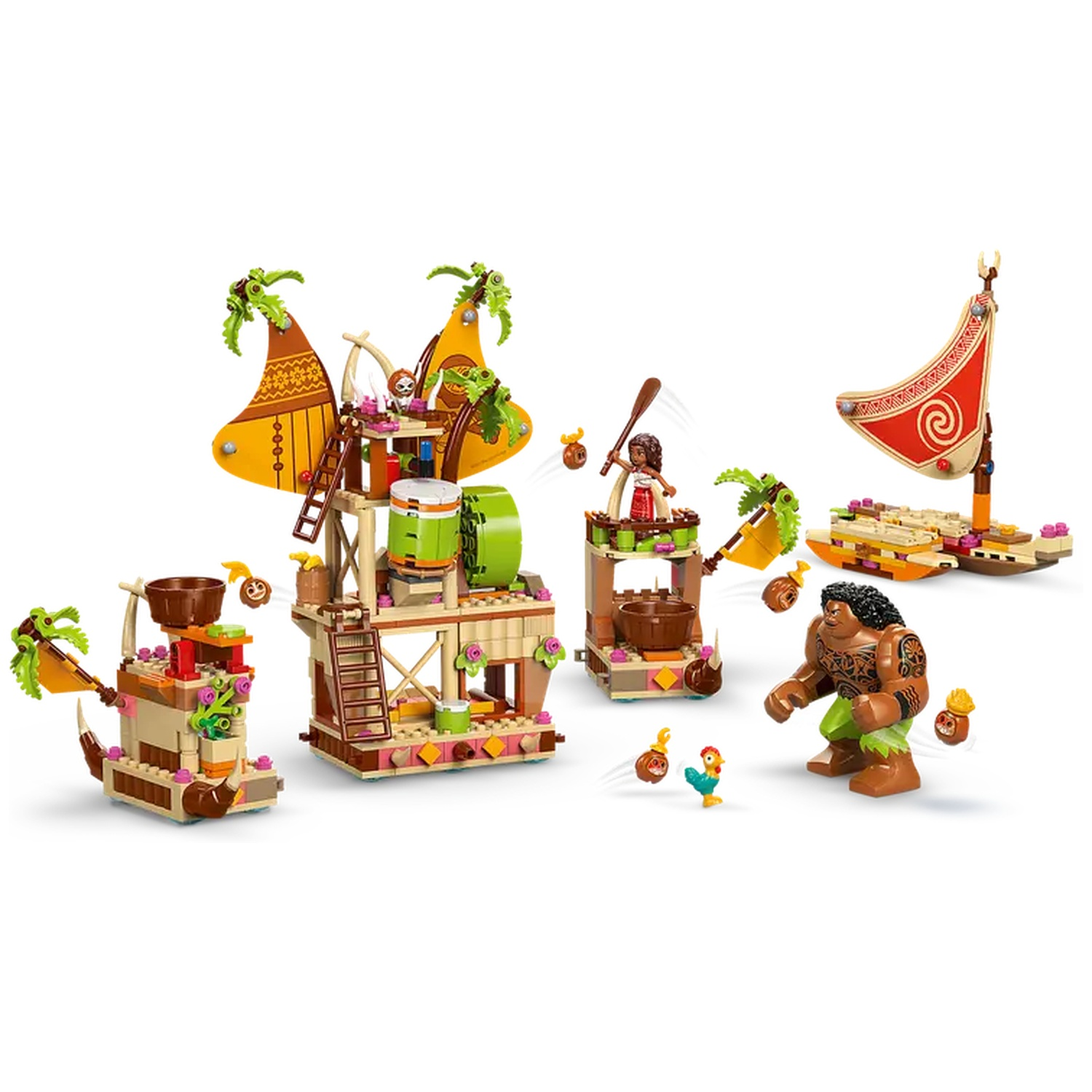 Ensemble Lego avec diverses structures insulaires, personnages comme Maui, Moana et un poulet. Couleurs vives, palmiers et bateau.