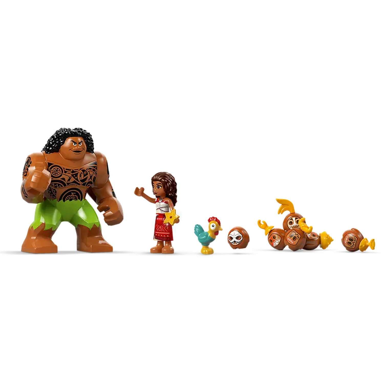 Figurines Lego de Maui, Moana, un coq et des créatures noix de coco. Maui est grand et tatoué. Moana tient une étoile.