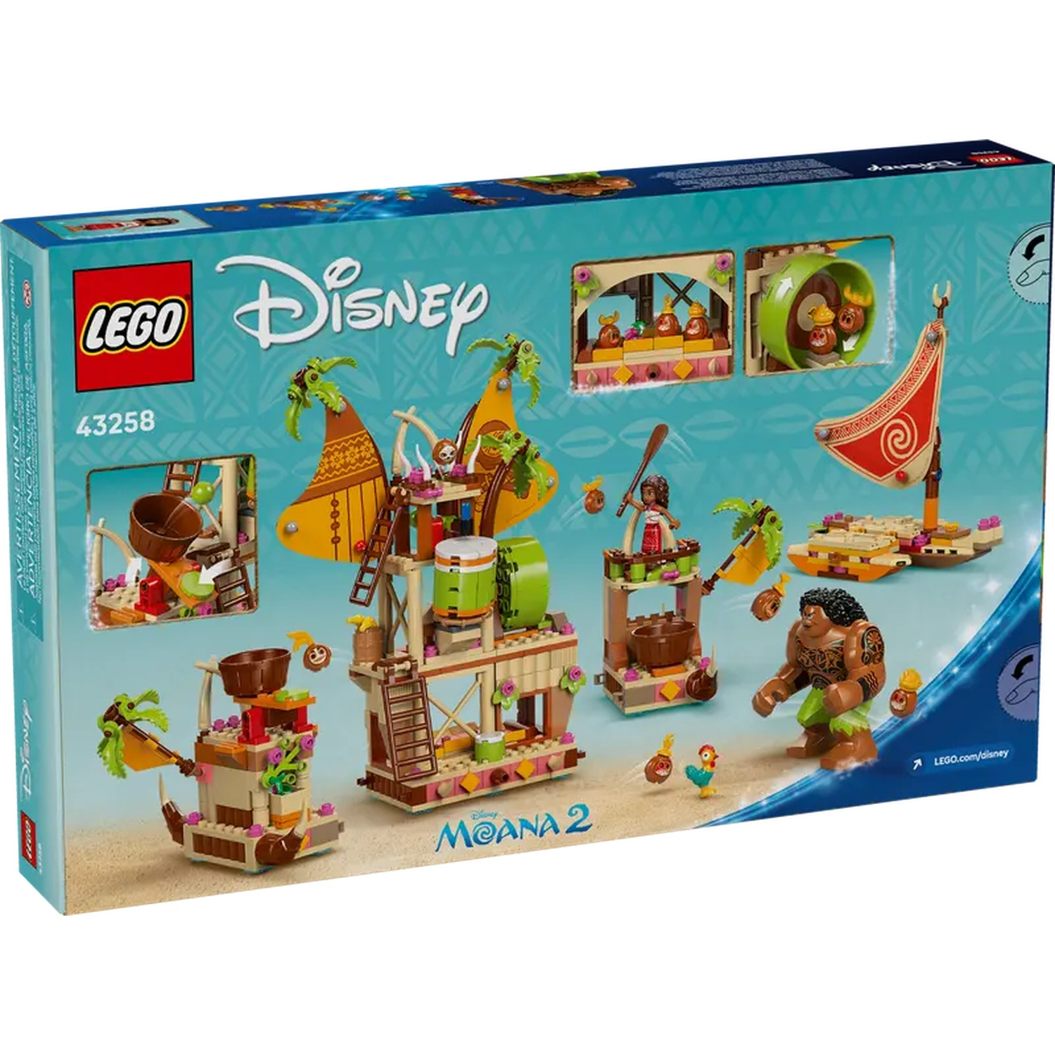 Set Lego Moana 2. L'emballage montre diverses structures Lego, des personnages et le logo Disney Lego, avec un fond bleu.