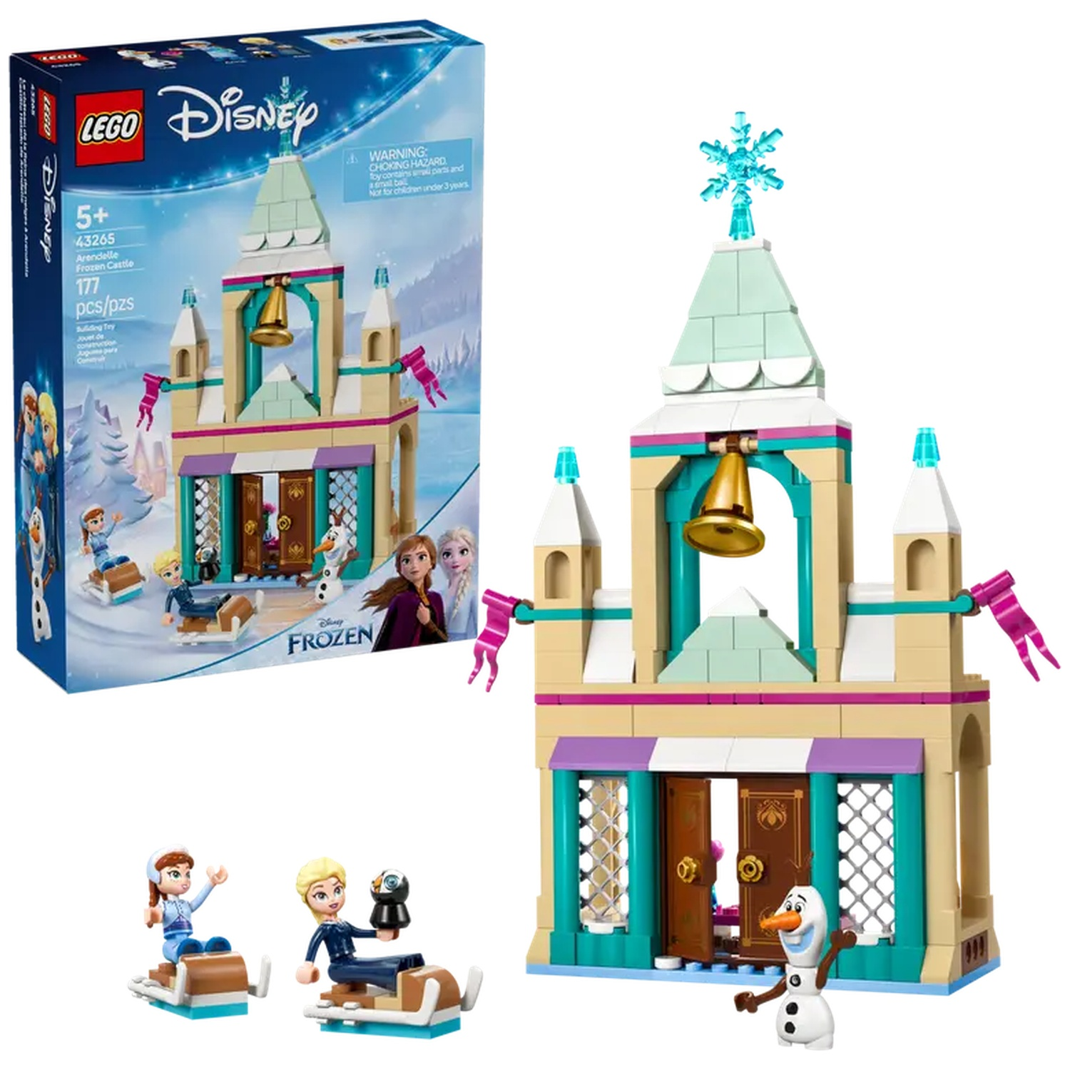 LEGO Disney Frozen Castle set. Inclusief kasteel, figuren van Anna, Elsa en Olaf op sleeën. De doos staat op de achtergrond.