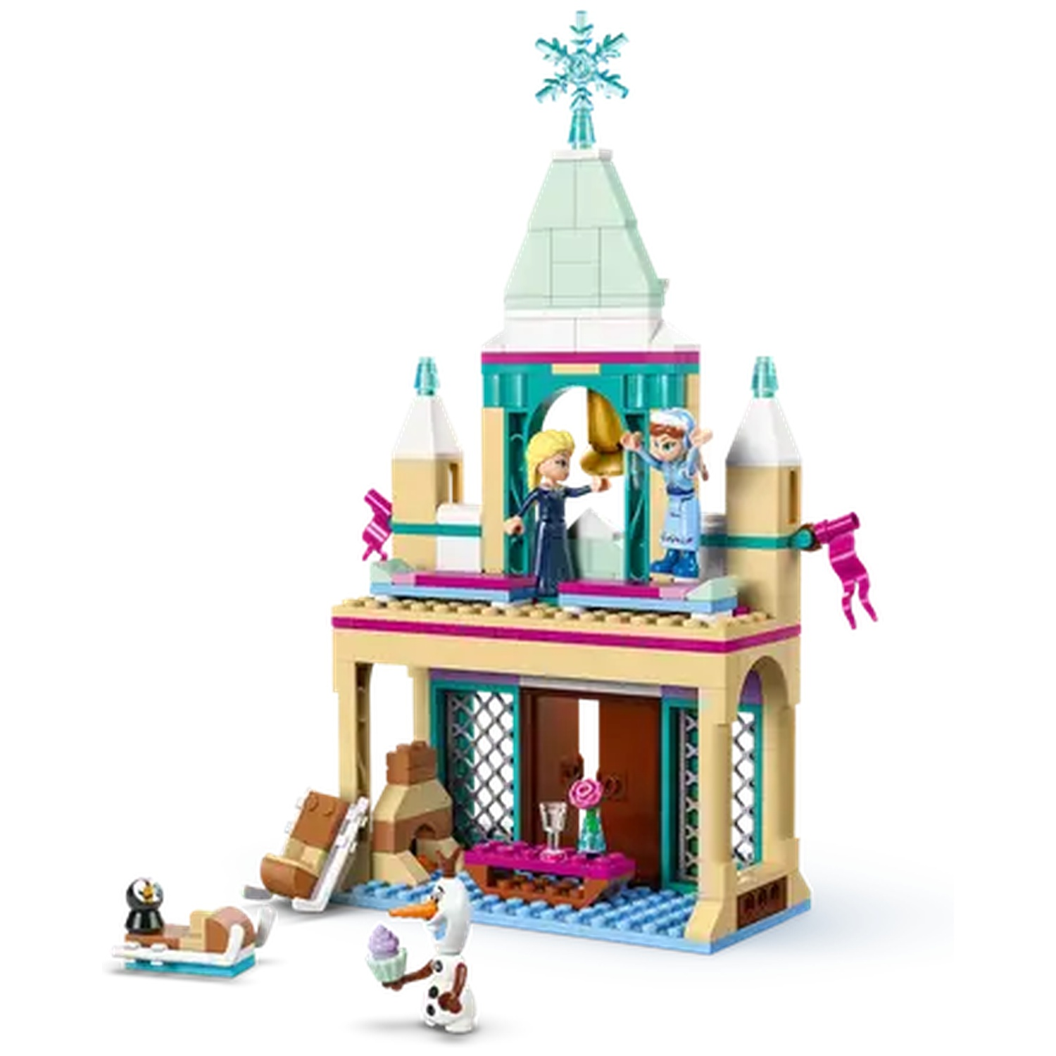 Lego-set met een kasteel, Elsa- en Anna-figuren, Olaf en een pinguïn. Het kasteel heeft een blauw dak en de figuren staan op een balkon.