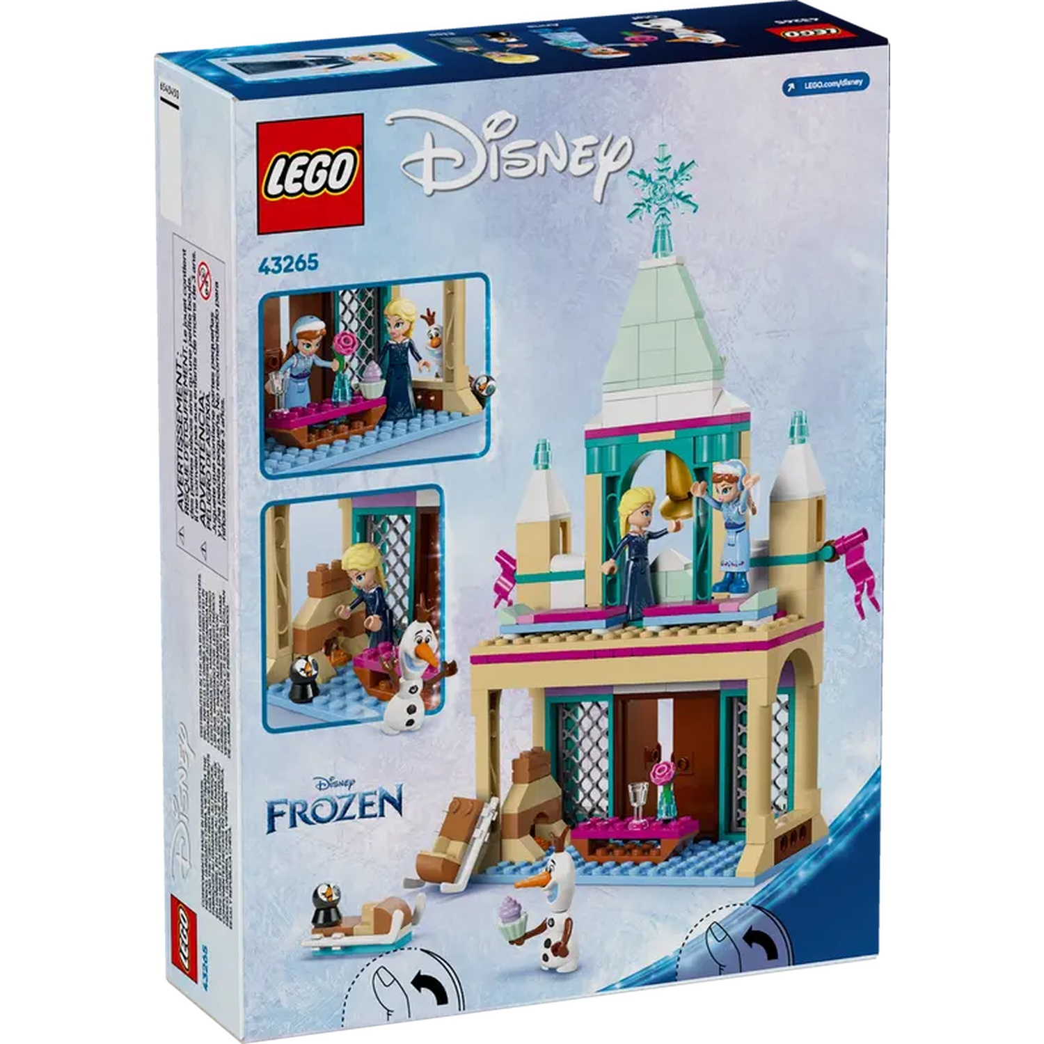 De doos toont een LEGO Disney Frozen set. Scènes tonen Elsa, Anna en Olaf in een kasteel. De doos is wit met de Disney- en LEGO-logo's.