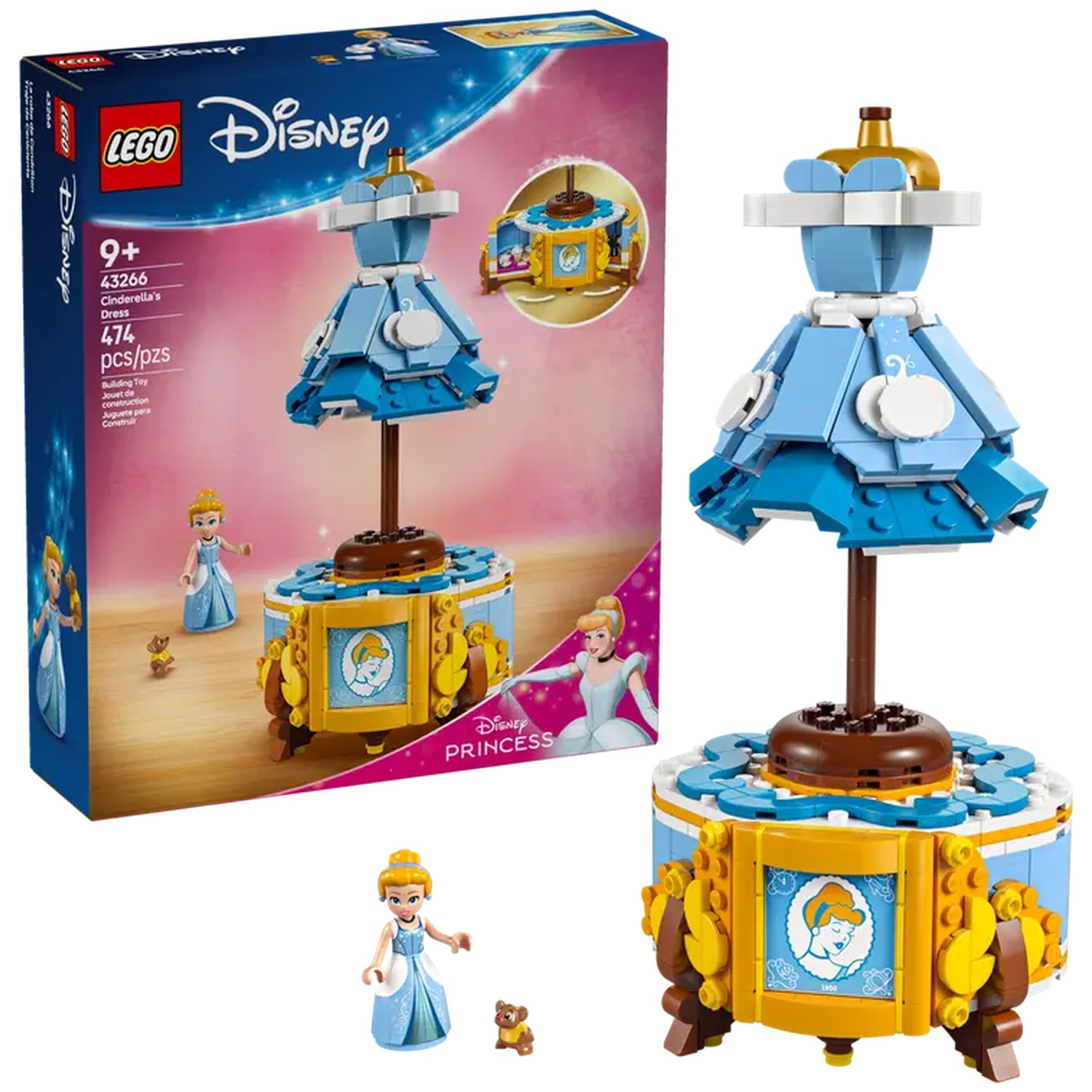Een Lego Disney Cinderella's Dress set. Het heeft een blauwe jurk, een carrouselbasis, een Cinderella minifiguur en een kleine berenfiguur.