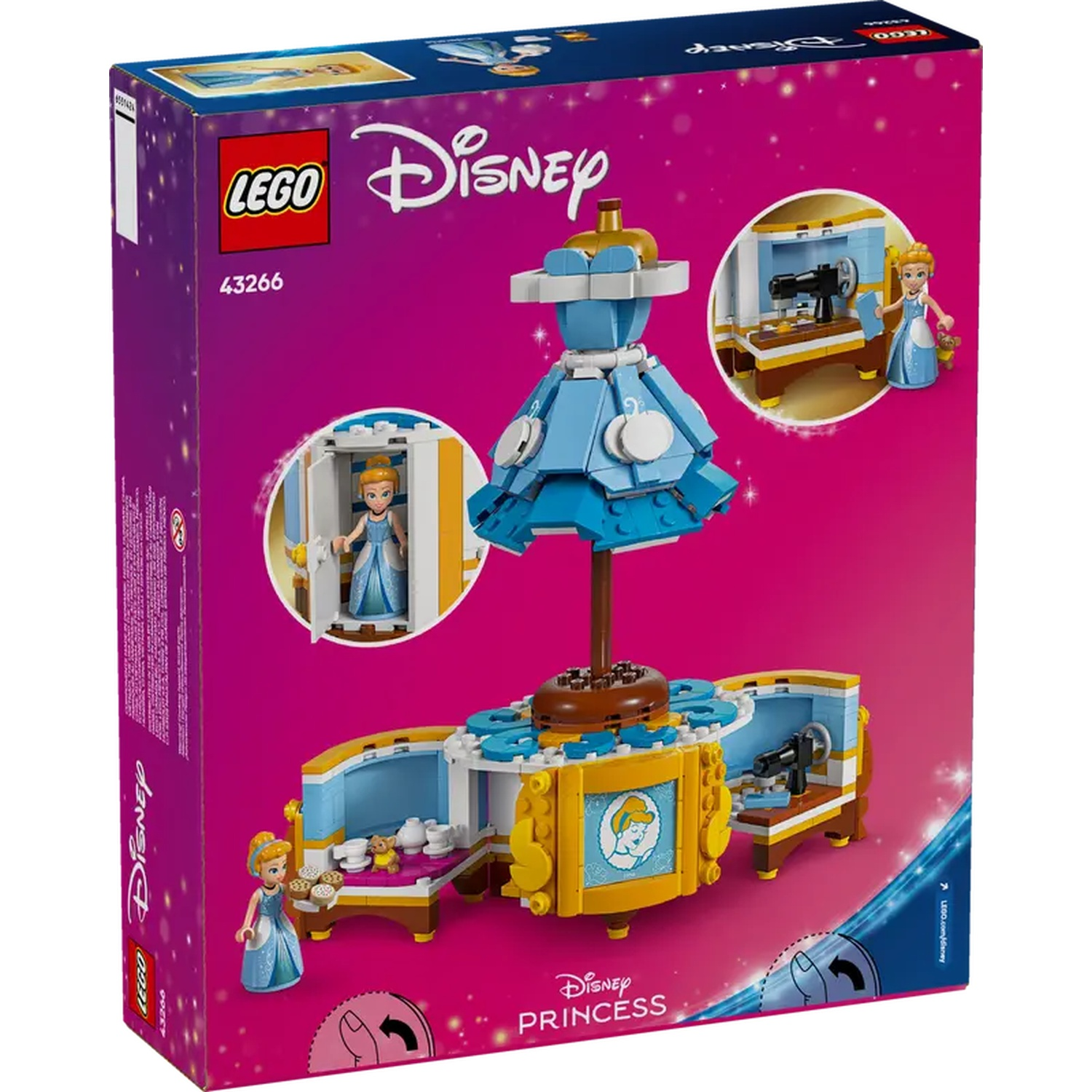 Lego Disney Princess doos. Assepoesters jurk, beeldjes en interieurscènes worden weergegeven tegen een roze achtergrond.