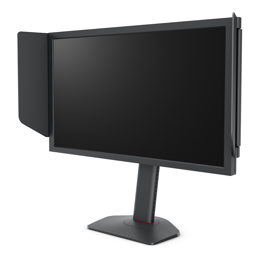 Ein schwarzer Computermonitor mit mattem Bildschirm, Ständer und Seitenblende vor weißem Hintergrund.