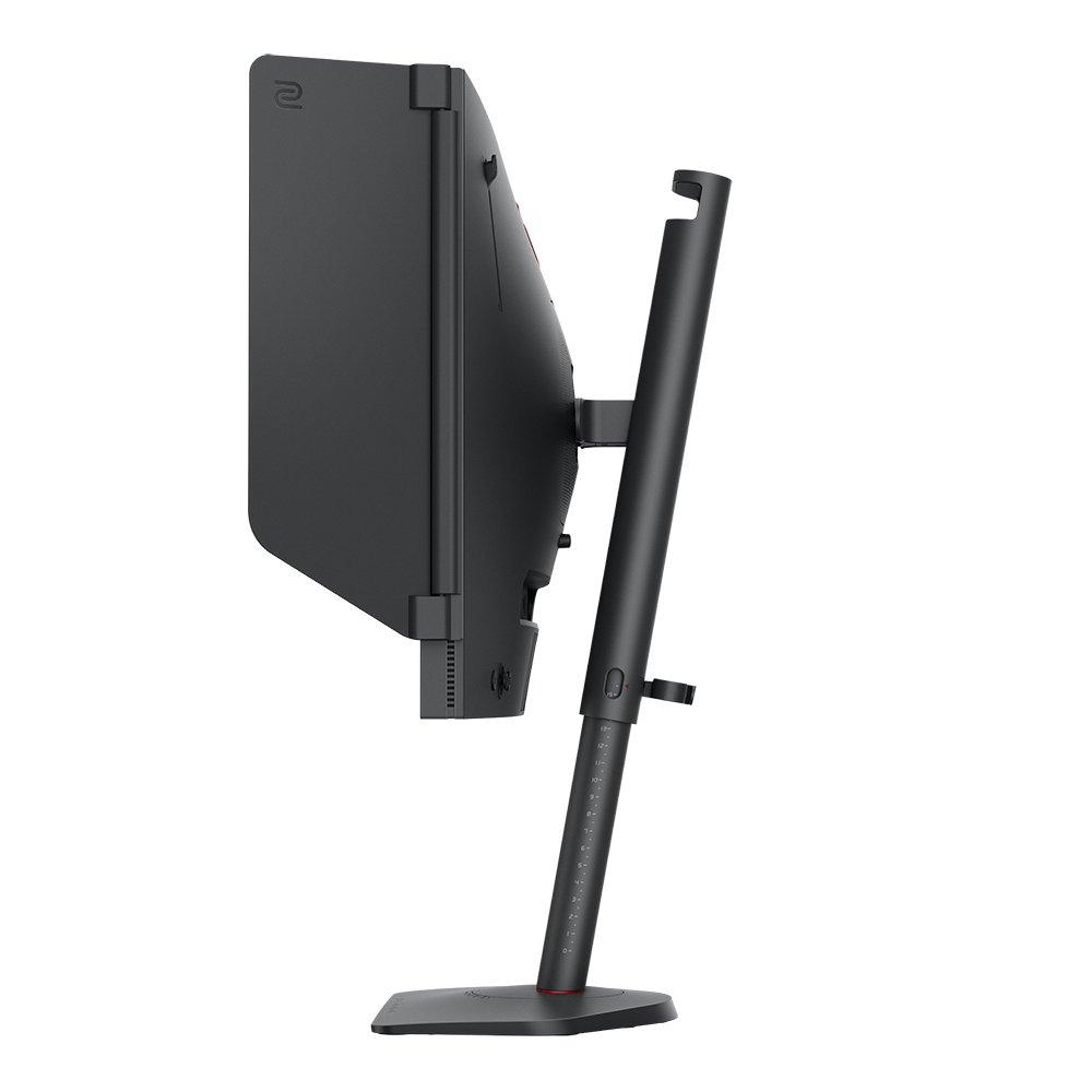 Seitenansicht eines schwarzen Monitors mit Ständer. Der Ständer ist eine schwarze Stange mit roter Basis und Halterung.