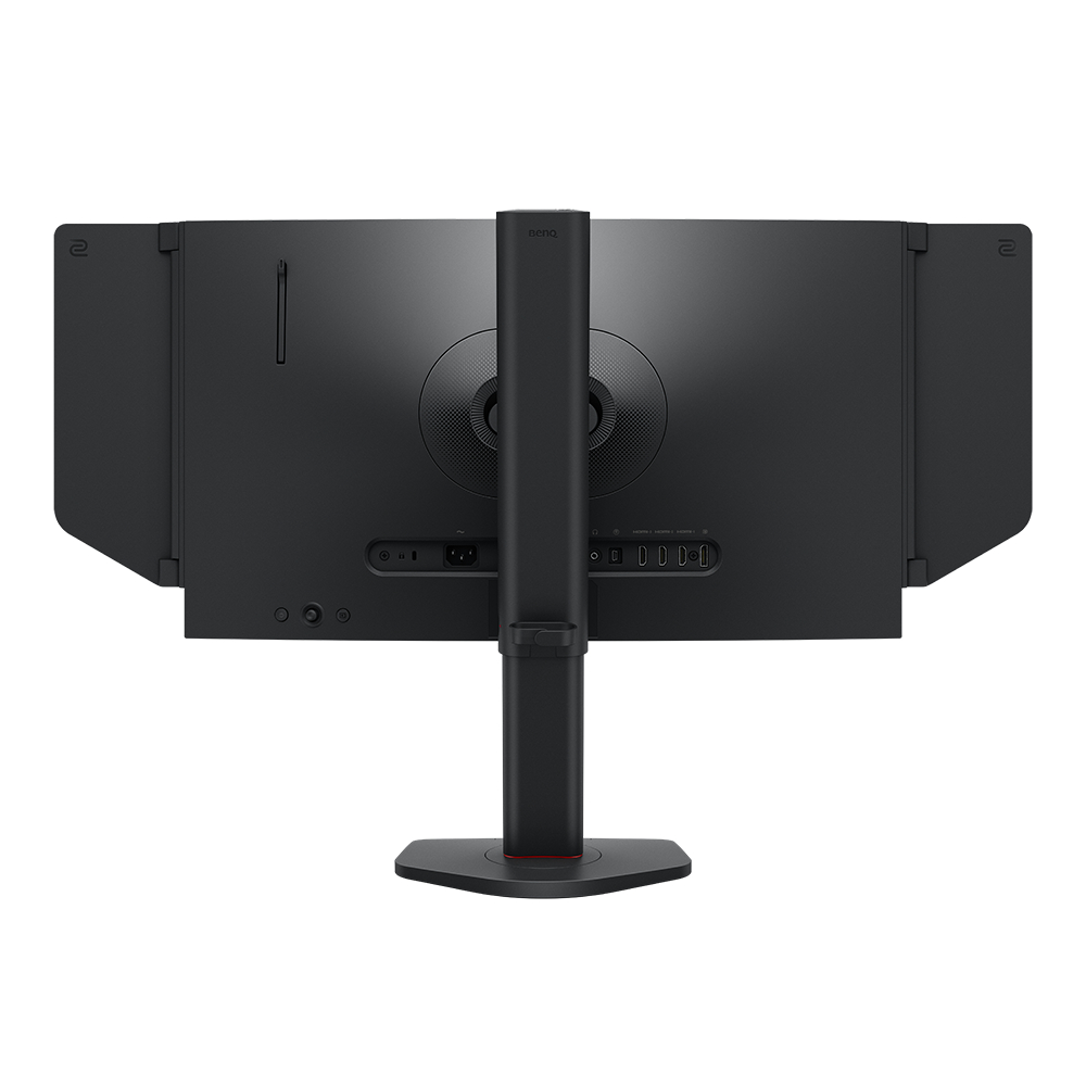Die Rückseite eines schwarzen BenQ-Monitors. Er hat einen zentralen Ständer und Anschlüsse. Das BenQ-Logo ist oben sichtbar.