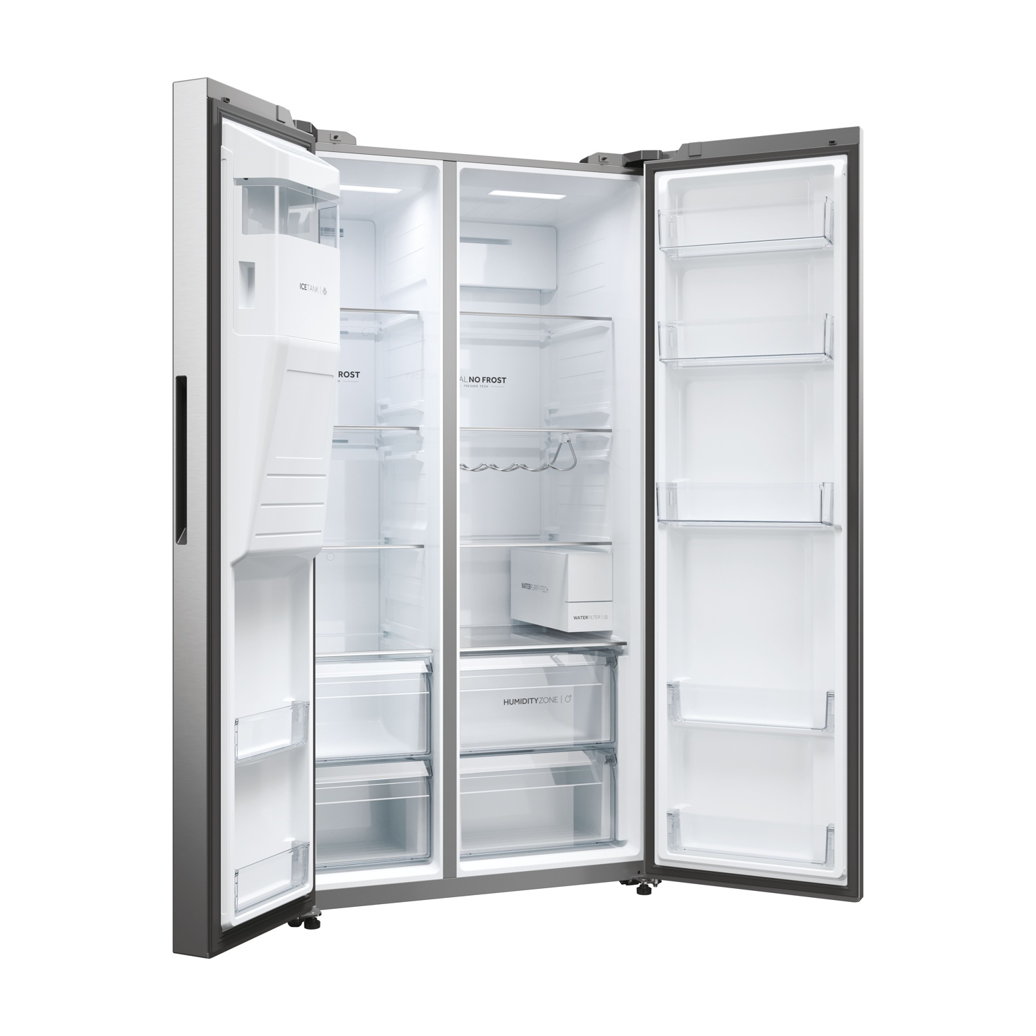 Frigorifero in acciaio inox aperto con entrambe le porte socchiuse. L'interno mostra ripiani, cassetti e distributori di ghiaccio/acqua, tutto su sfondo bianco.
