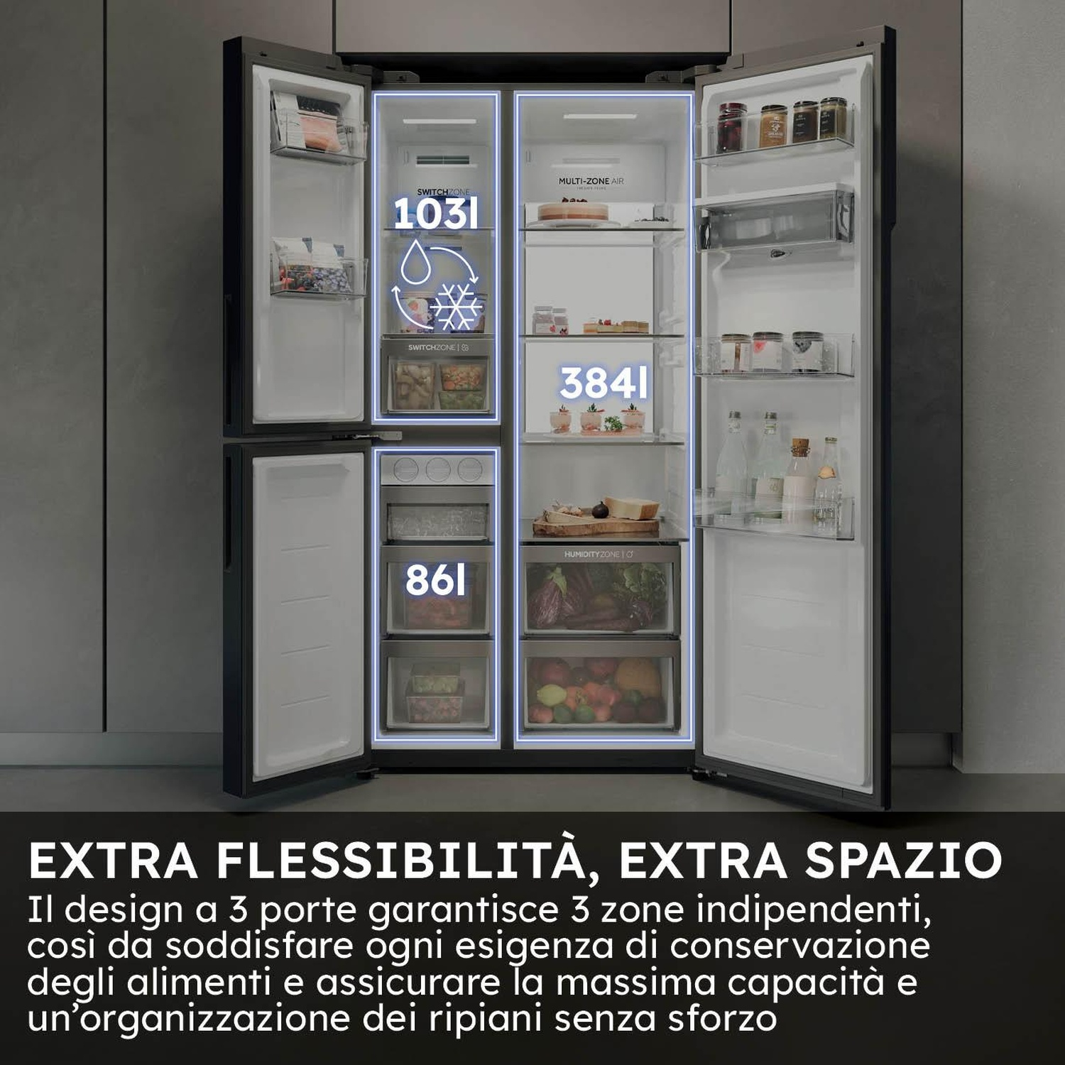 Frigorifero nero aperto con tre zone (1031, 3841, 861). Ripiani con cibo e testo sullo spazio extra.