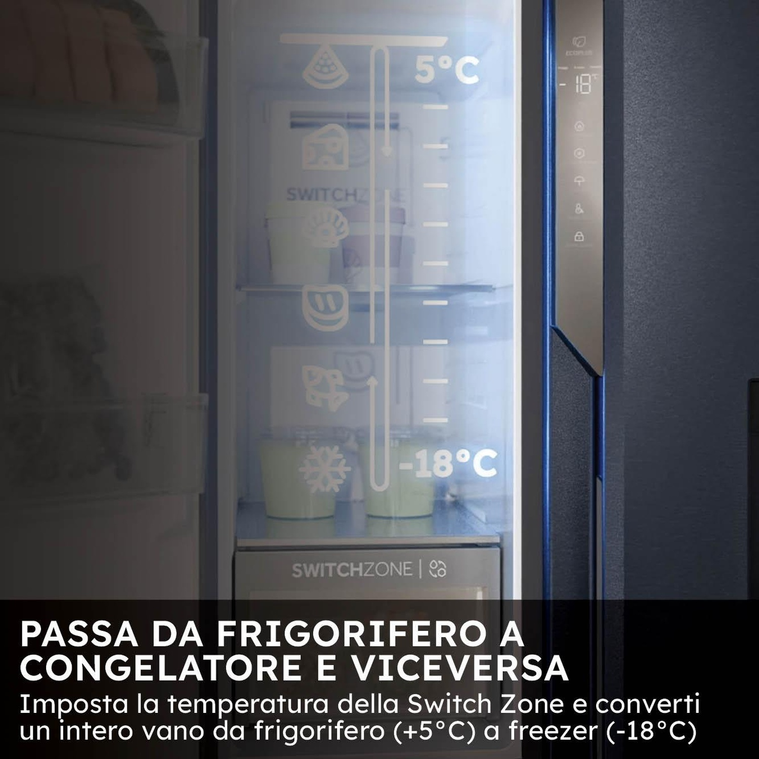 Frigorifero aperto con controlli della temperatura e Switch Zone. Testo: Passa da frigo (+5°C) a congelatore (-18°C).