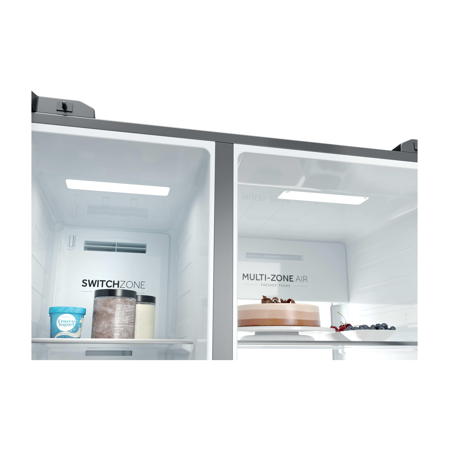 All'interno di un frigorifero, che mostra SwitchZone con yogurt e barattoli, Multi-Zone Air con torta e bacche.