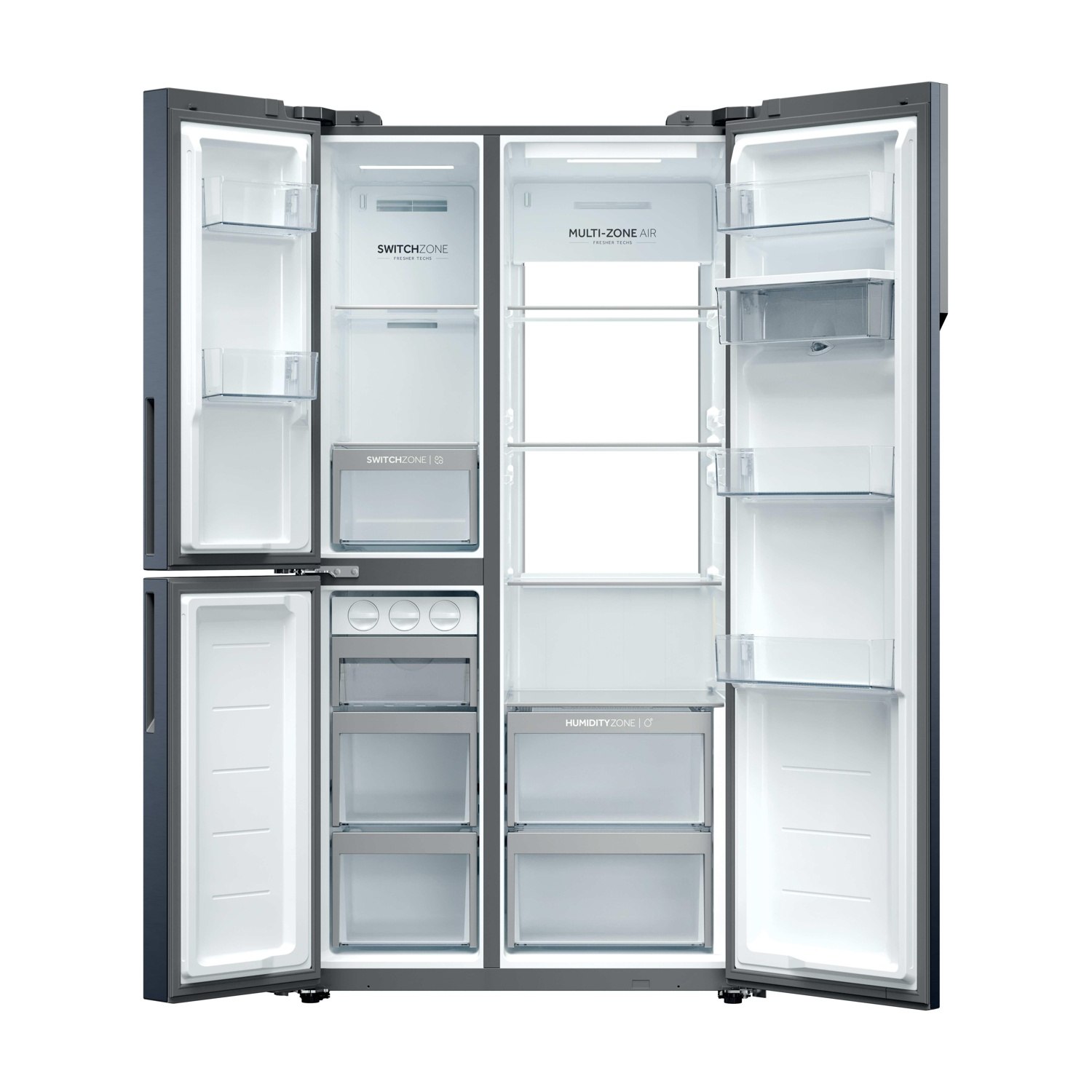 Frigorifero nero aperto con più scomparti e ripiani. Le etichette indicano SWITCHZONE, MULTI-ZONE AIR e HUMIDITYZONE.