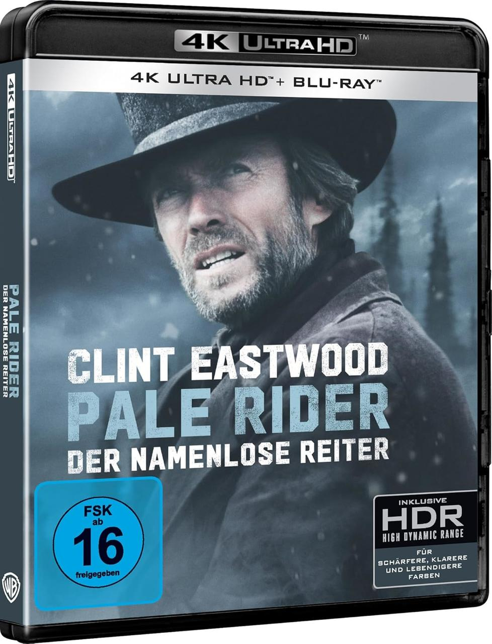 Clint Eastwood auf einem Blu-Ray-Cover für Pale Rider. Die Disc ist 4K Ultra HD. Es hat eine Bewertung von 16 und enthält HDR.